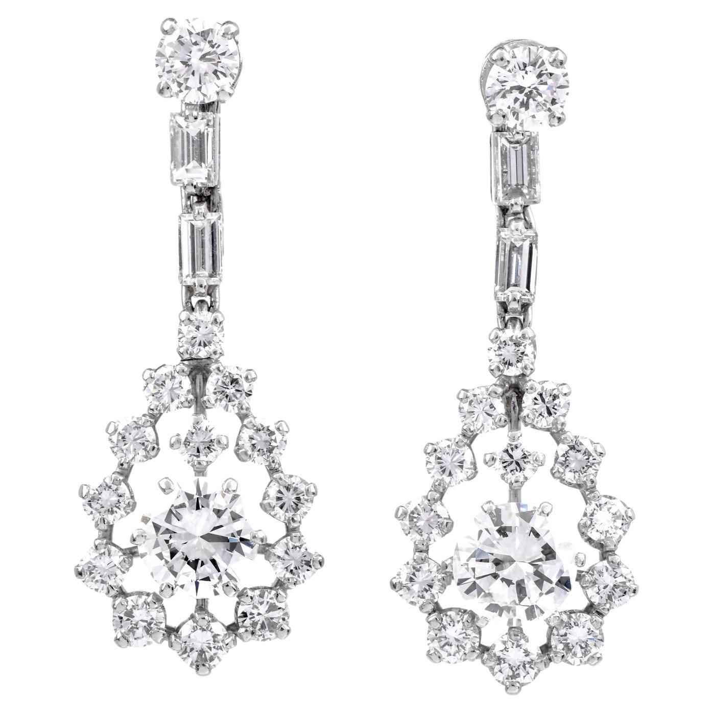 GIA Vintage 5.60 carats Diamond Platinum Teardrop Dangle Earrings For Sale