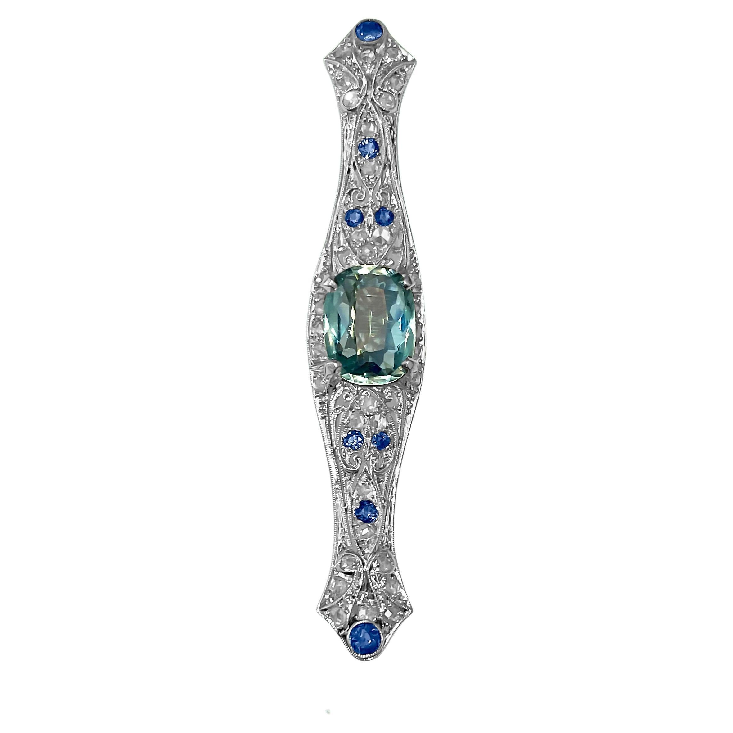 Vintage 5.65 Carat Sapphire Diamond Aquamarine Estate Pin For Sale