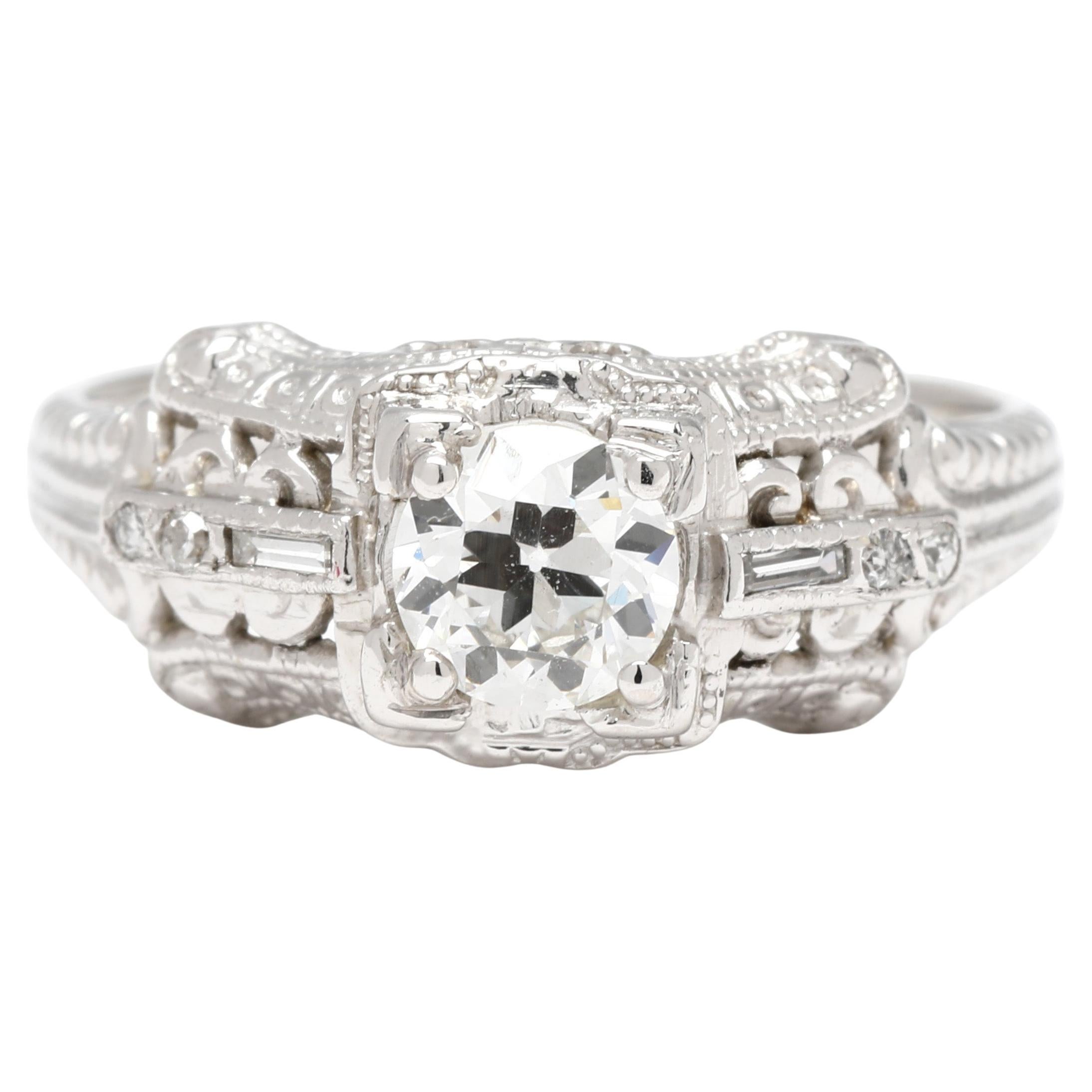Vintage .56ctw Diamond Engagement Ring, 18k White Gold, Ring Size 5