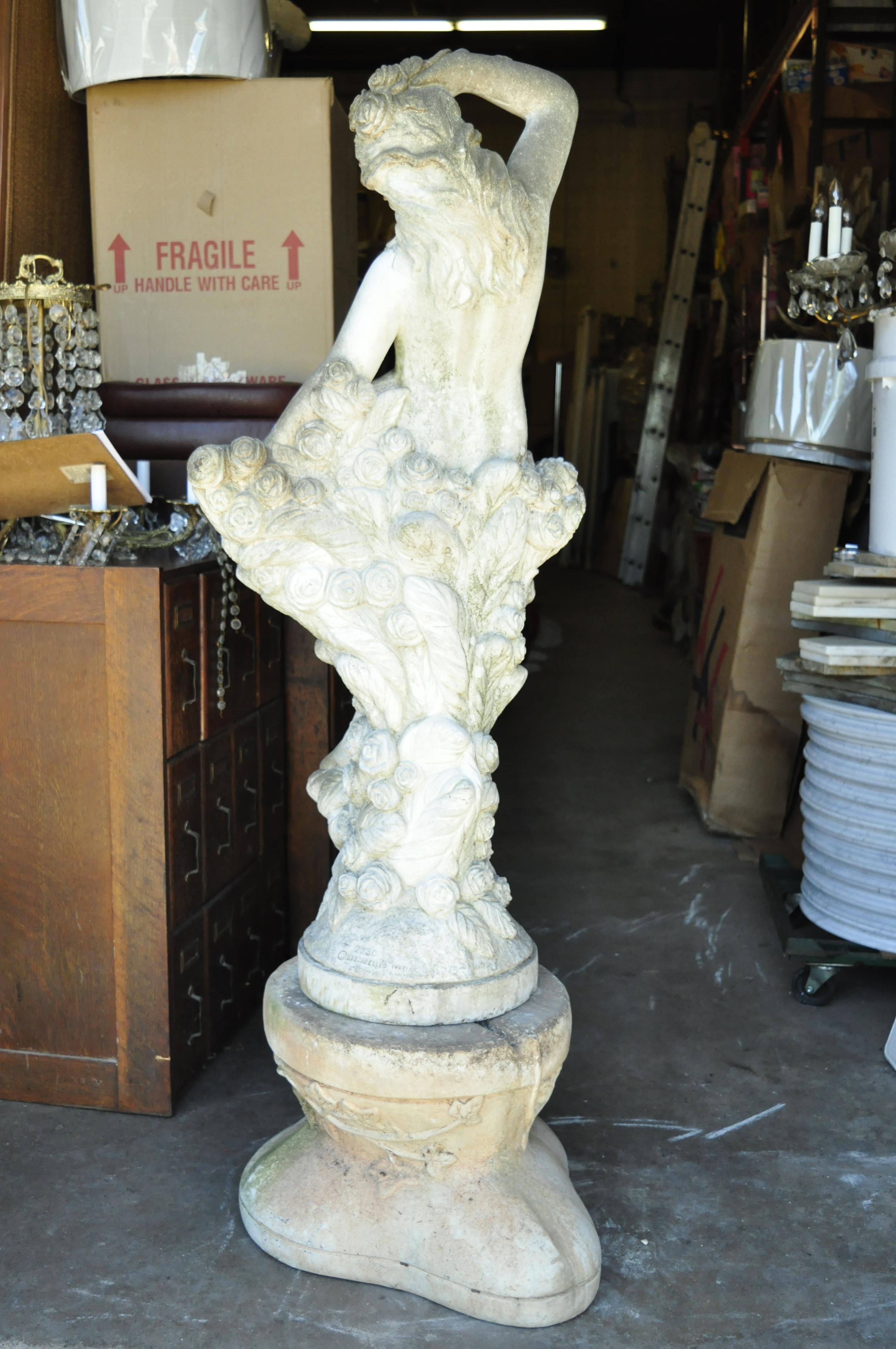 North American Vintage Massarelli Concrete Garden Patio Water Fountain Woman with Basket