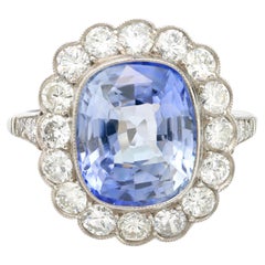 Bague halo vintage en platine, saphir, diamant et saphir de 5,70 carats