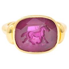 Vintage 5.70 Carats Ruby Intaglio 18 Karat Yellow Gold Horse Signet Ring AGL