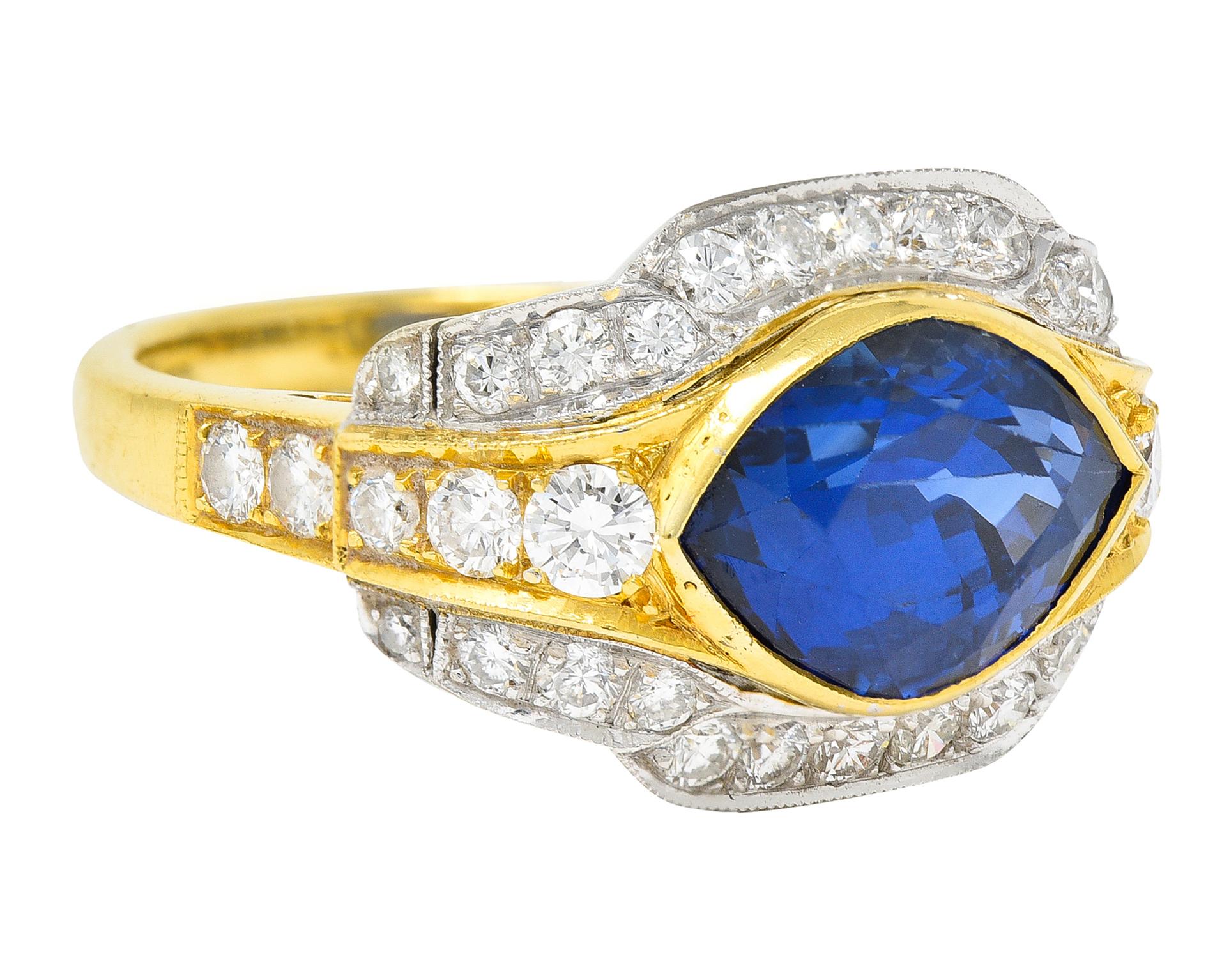 Contemporary Vintage 5.71 Carats Ceylon Sapphire Diamond 18 Karat Two-Tone Gold Gemstone Ring