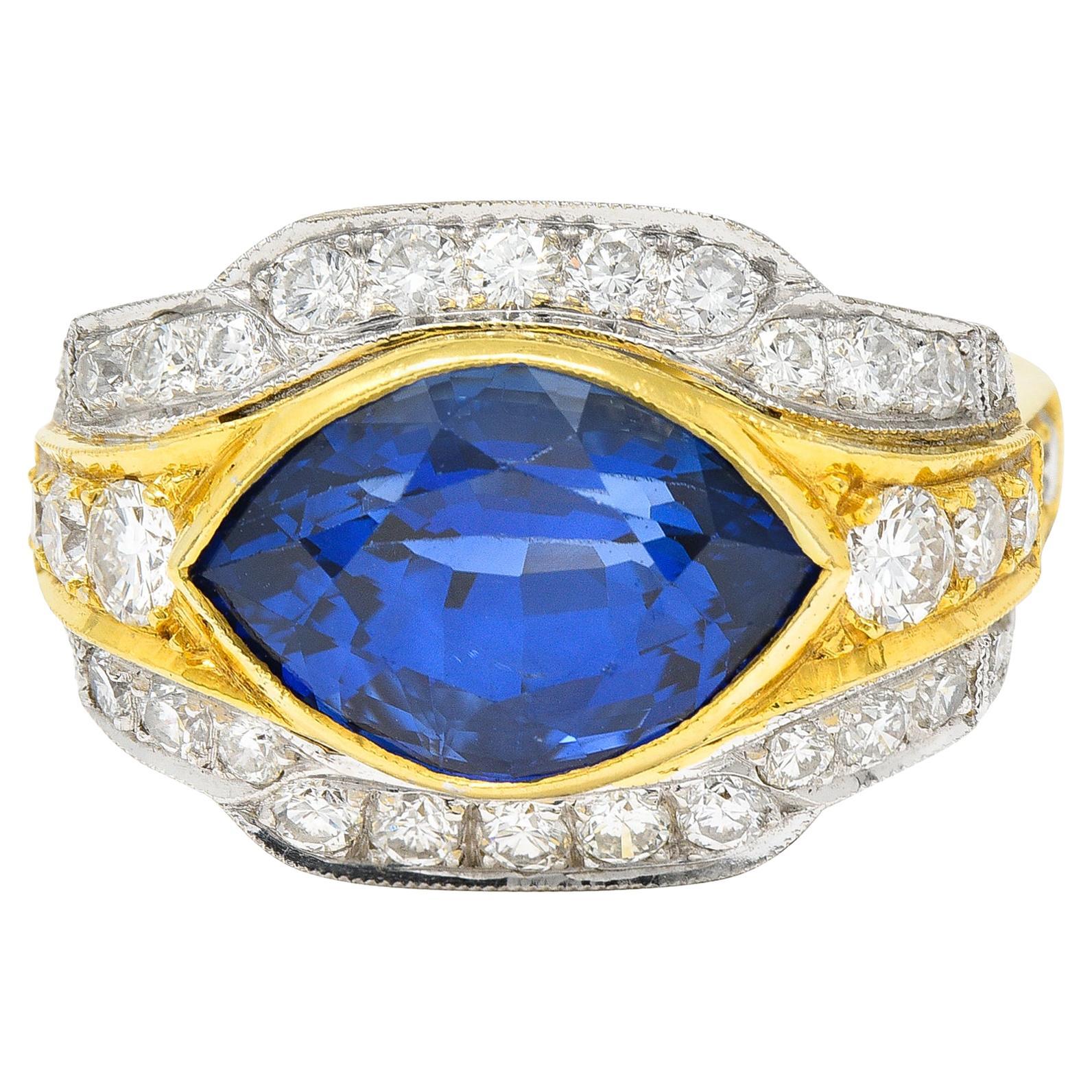 Vintage 5.71 Carats Ceylon Sapphire Diamond 18 Karat Two-Tone Gold Gemstone Ring