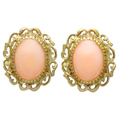 Used 5.75Ct Cabochon Cut Pink Coral and Yellow Gold Stud Earrings