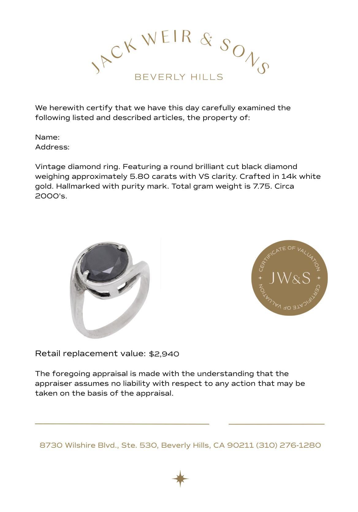 Anello vintage con diamante nero da 5,80 carati in oro bianco 14k In condizioni buone in vendita a Beverly Hills, CA