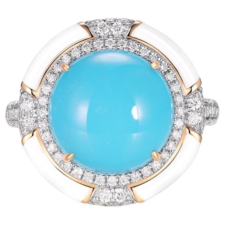 This sophisticated 18K yellow gold ring is a true statement piece, featuring a stunning 5.81-carat turquoise gemstone as its centerpiece.  The vibrant turquoise cabochon is elegantly surrounded by 0.53 carats of brilliant diamonds, creating a
