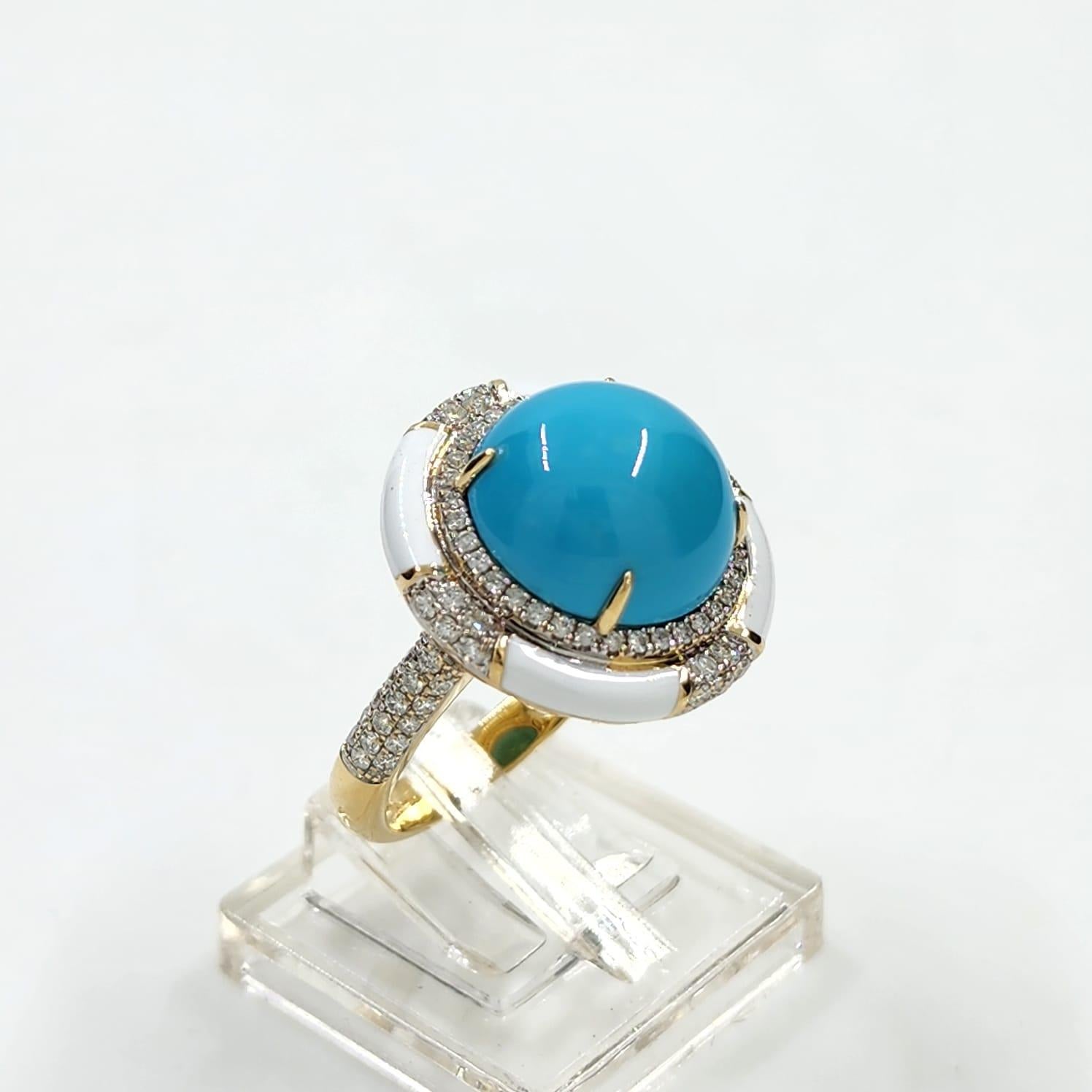Vintage 5.81Ct Sleeping Beauty Turquoise Enamel Diamond Ring in 18K Yellow Gold For Sale 3