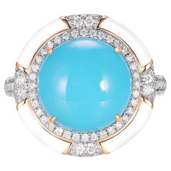 Vintage 5.81Ct Sleeping Beauty Turquoise Enamel Diamond Ring in 18K Yellow Gold