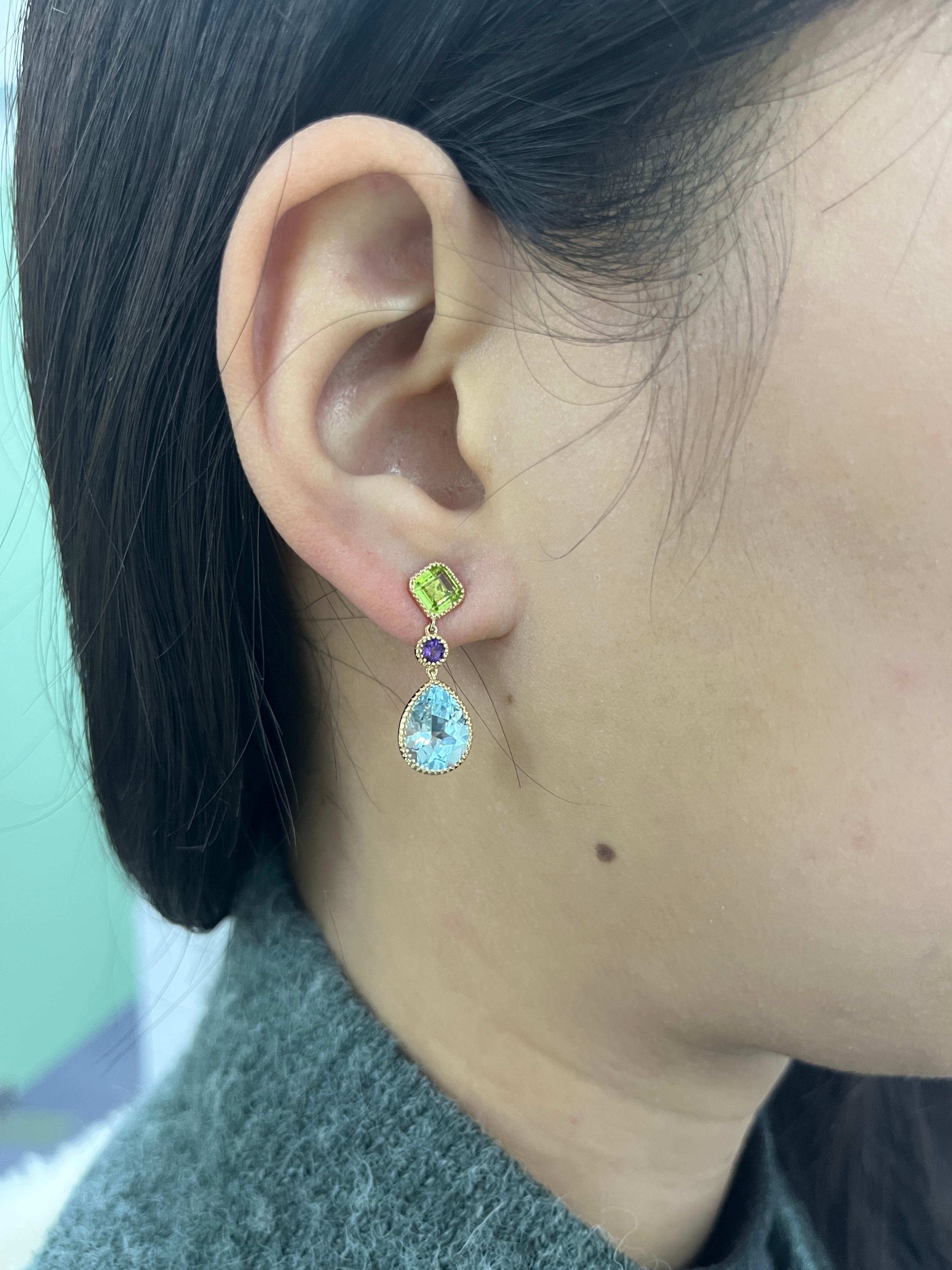 Art Deco Vintage 5.88Ct Blue Topaz Peridot＆Amethyst Earrings in 14 Karat Yellow Gold