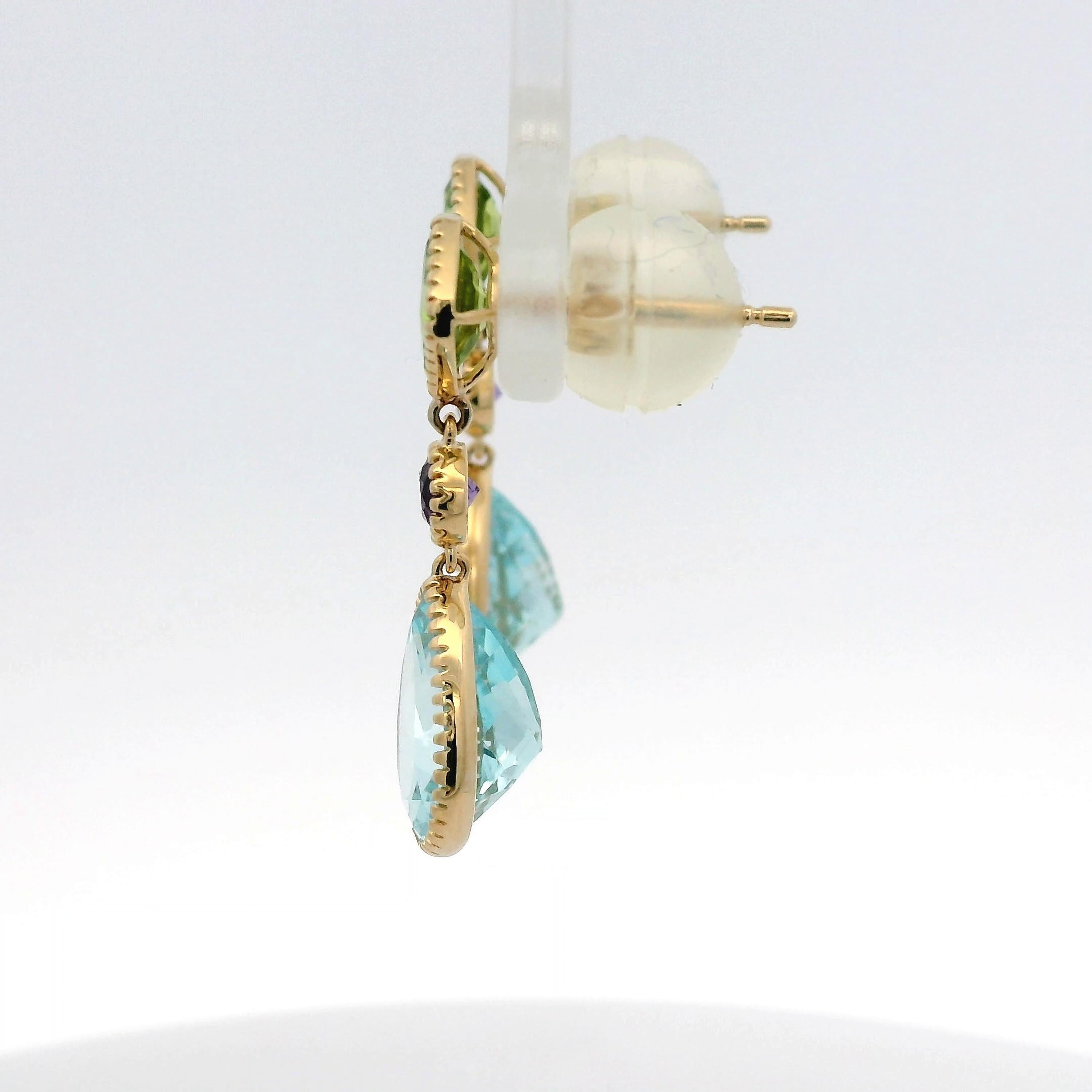 Vintage 5.88Ct Blue Topaz Peridot＆Amethyst Earrings in 14 Karat Yellow Gold In New Condition In Hong Kong, HK