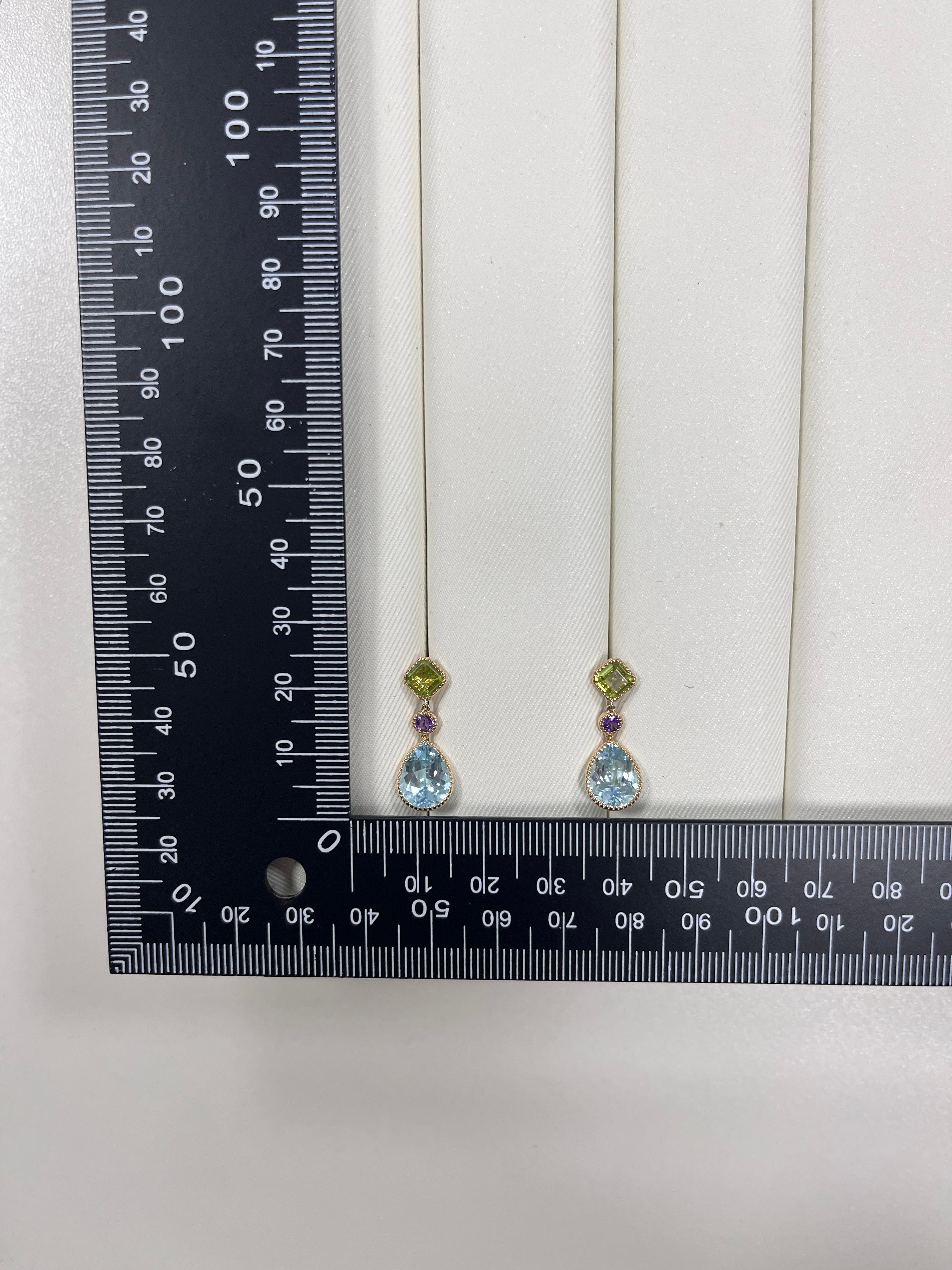 Pear Cut Vintage 5.88Ct Blue Topaz Peridot＆Amethyst Earrings in 14 Karat Yellow Gold