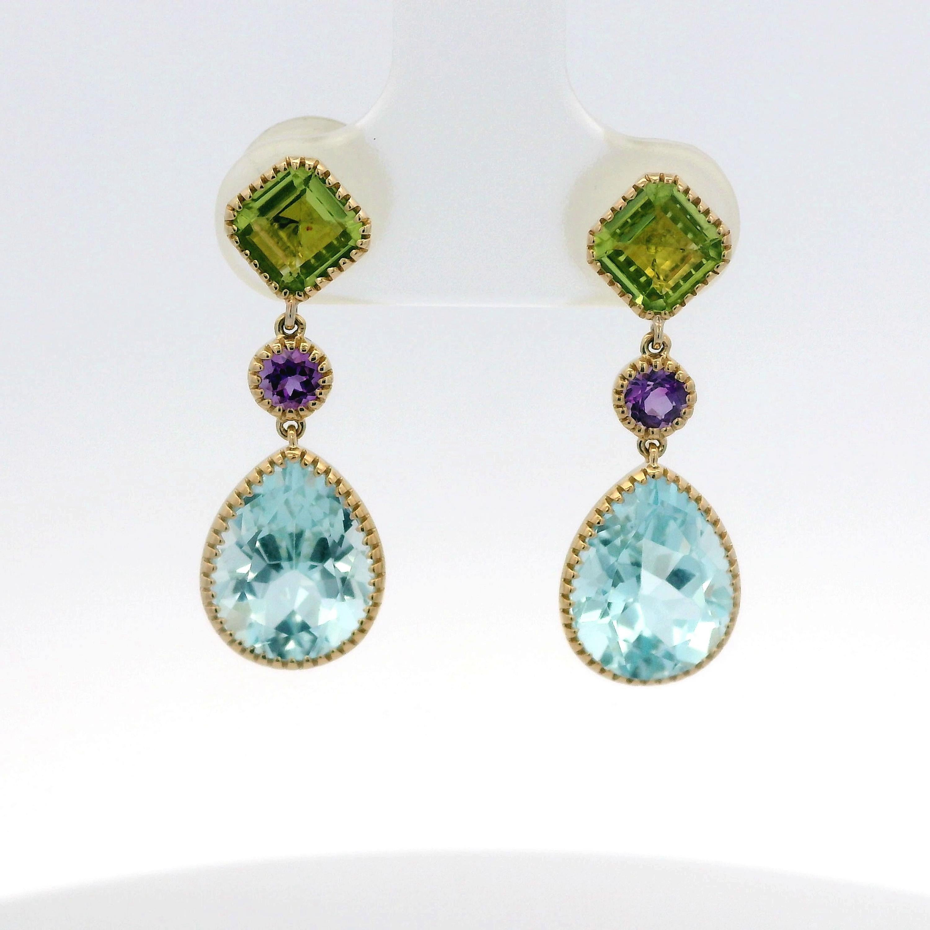 Women's Vintage 5.88Ct Blue Topaz Peridot＆Amethyst Earrings in 14 Karat Yellow Gold