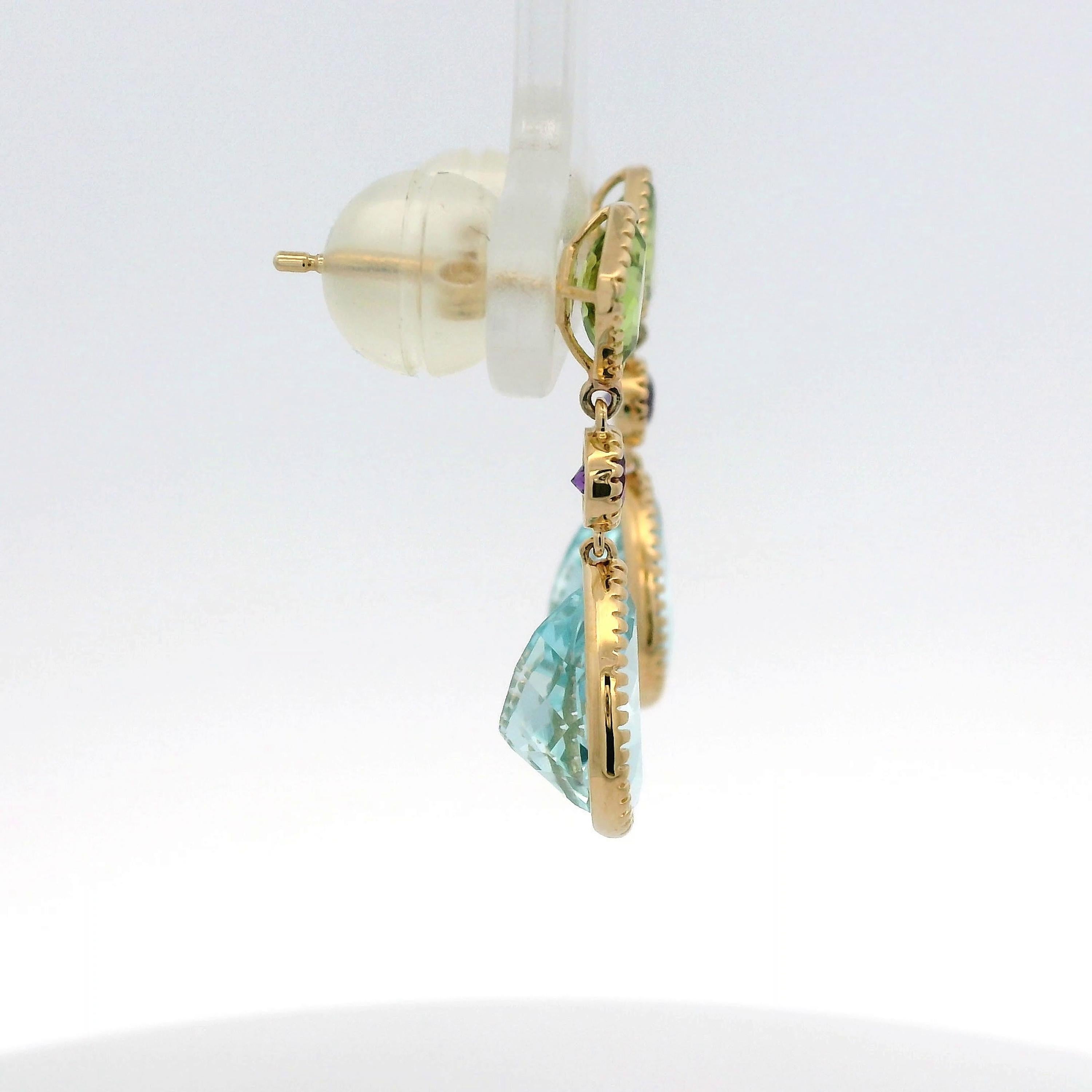 Vintage 5.88Ct Blue Topaz Peridot＆Amethyst Earrings in 14 Karat Yellow Gold 1