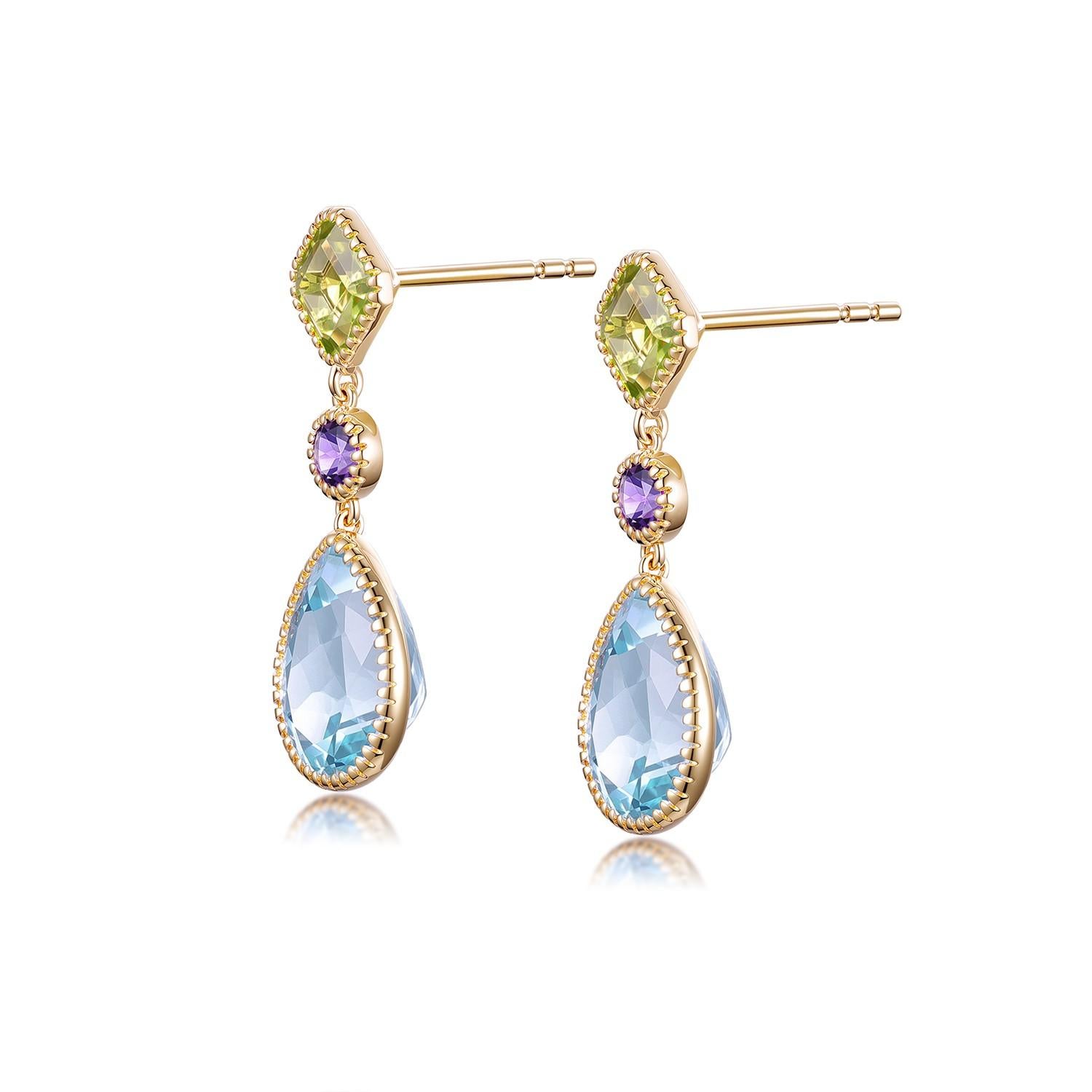 Vintage 5.88Ct Blue Topaz Peridot＆Amethyst Earrings in 14 Karat Yellow Gold 3
