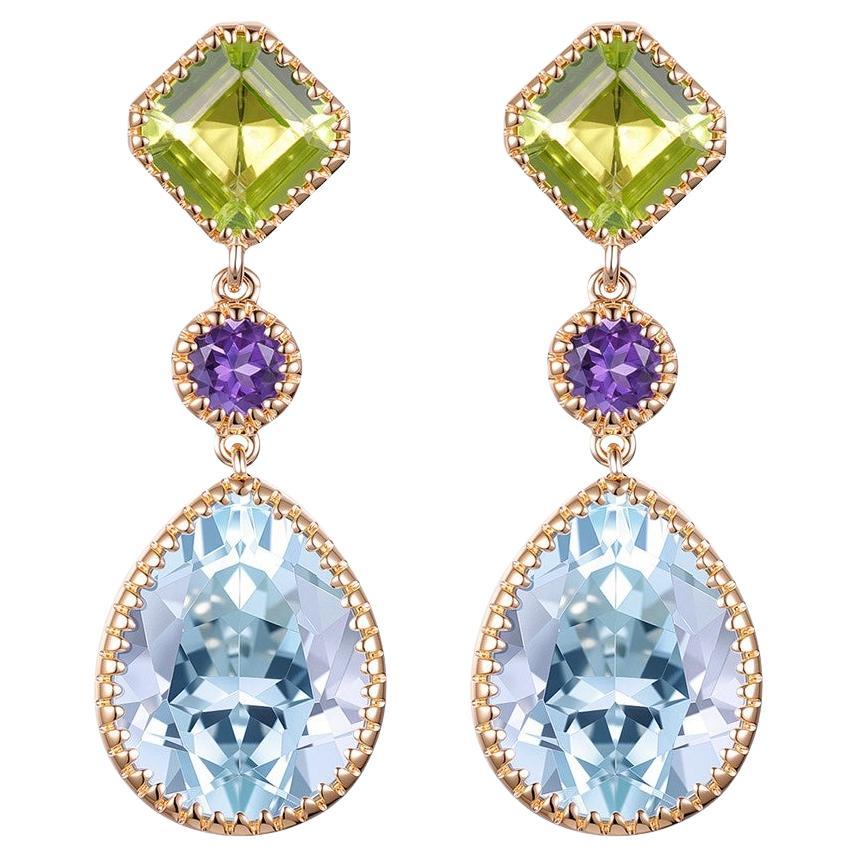 Vintage 5.88Ct Blauer Topas Peridot＆Amethyst Ohrringe in 14 Karat Gelbgold