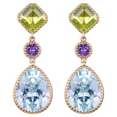 Vintage 5.88Ct Blauer Topas Peridot＆Amethyst Ohrringe in 14 Karat Gelbgold