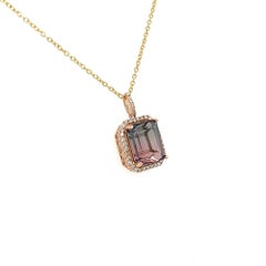 Vintage 5.90 Carat Emerald Cut Bi-color Tourmaline Diamond Gold Pendant Necklace