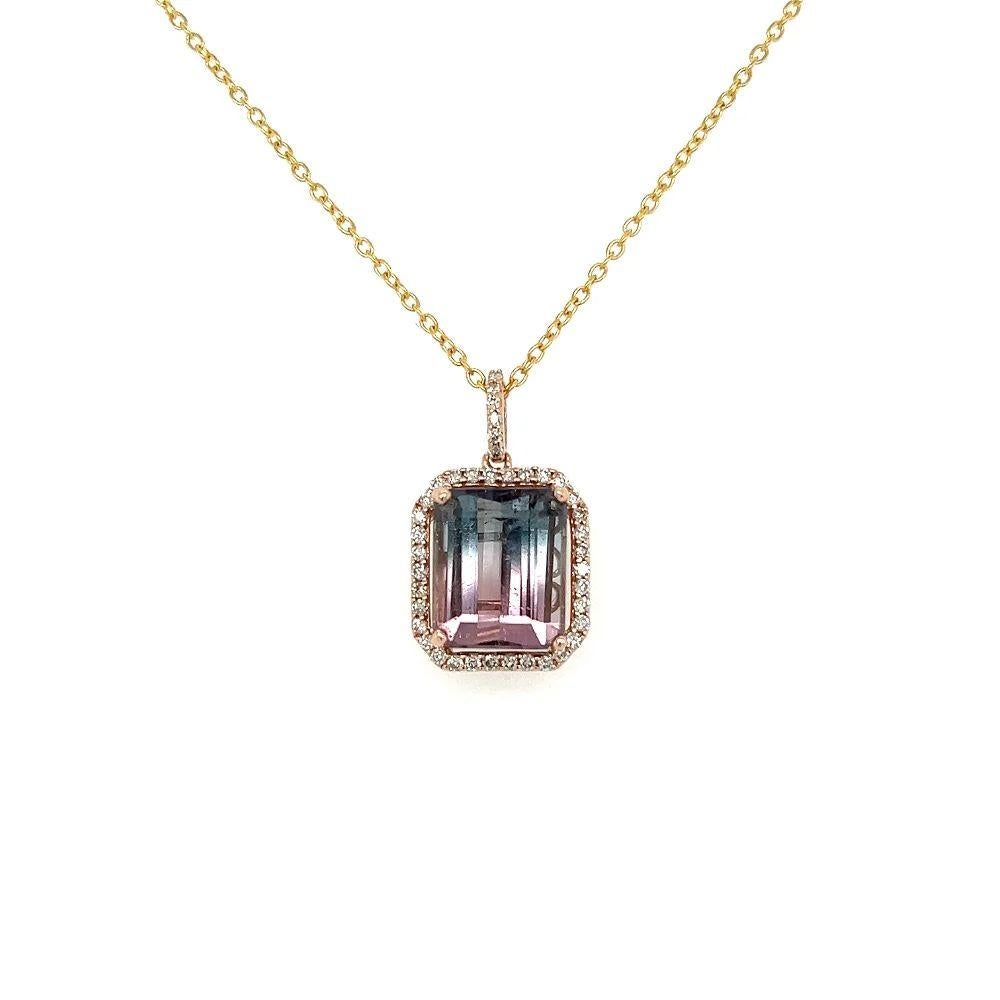 Modern Vintage 5.90 Carat Emerald Cut Bi-color Tourmaline Diamond Gold Pendant Necklace For Sale