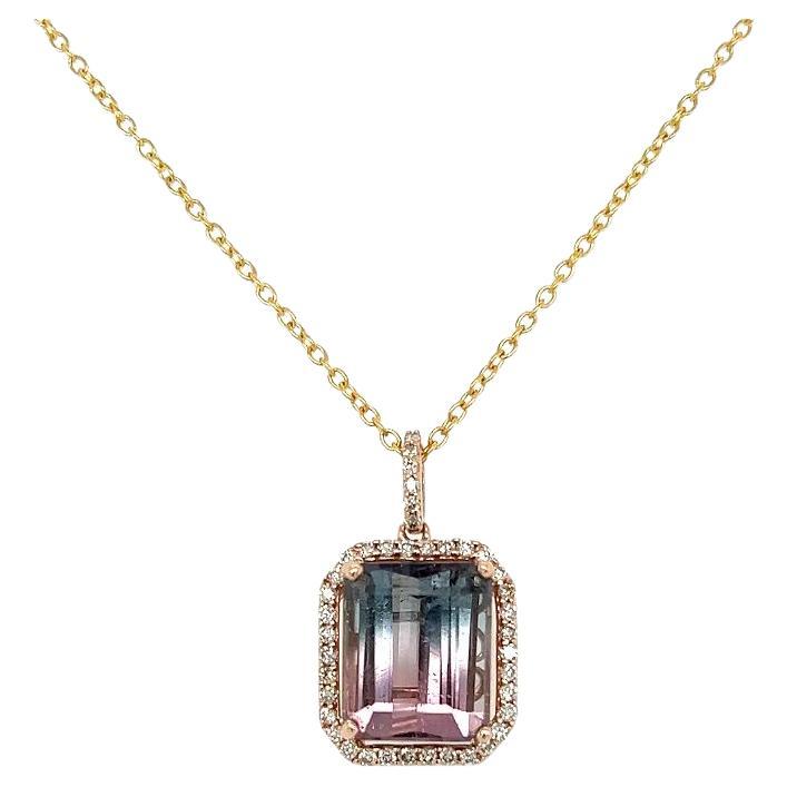 Vintage 5.90 Carat Emerald Cut Bi-color Tourmaline Diamond Gold Pendant Necklace For Sale