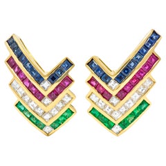 Vintage 5.92 Carat Emerald Ruby Sapphire Diamond 18 Karat Gold Chevron Earrings