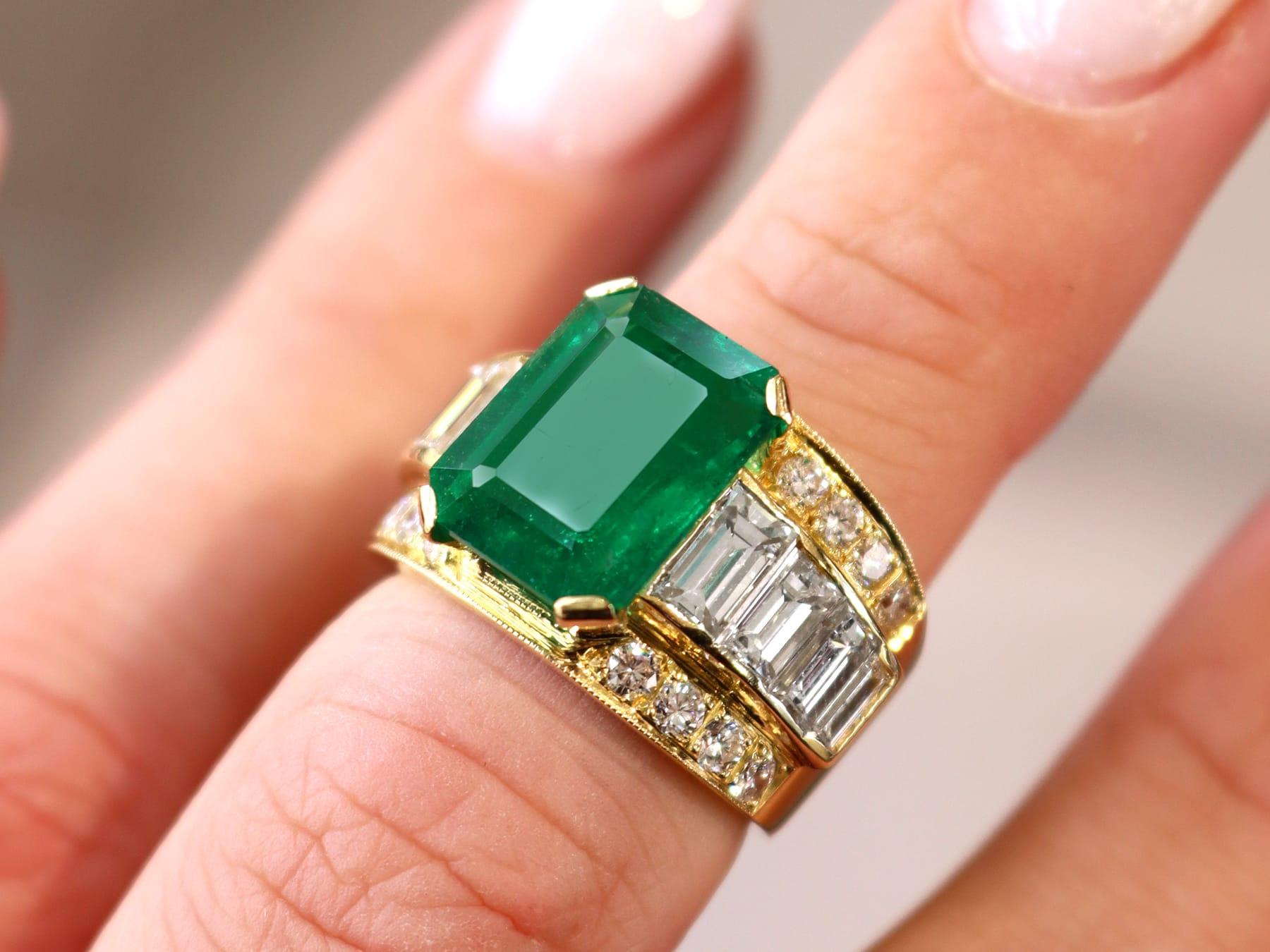 Emerald Cut Vintage 5.95Ct Emerald and 3.20Ct Diamond, 18k Yellow Gold Dress Ring Circa 1990 For Sale
