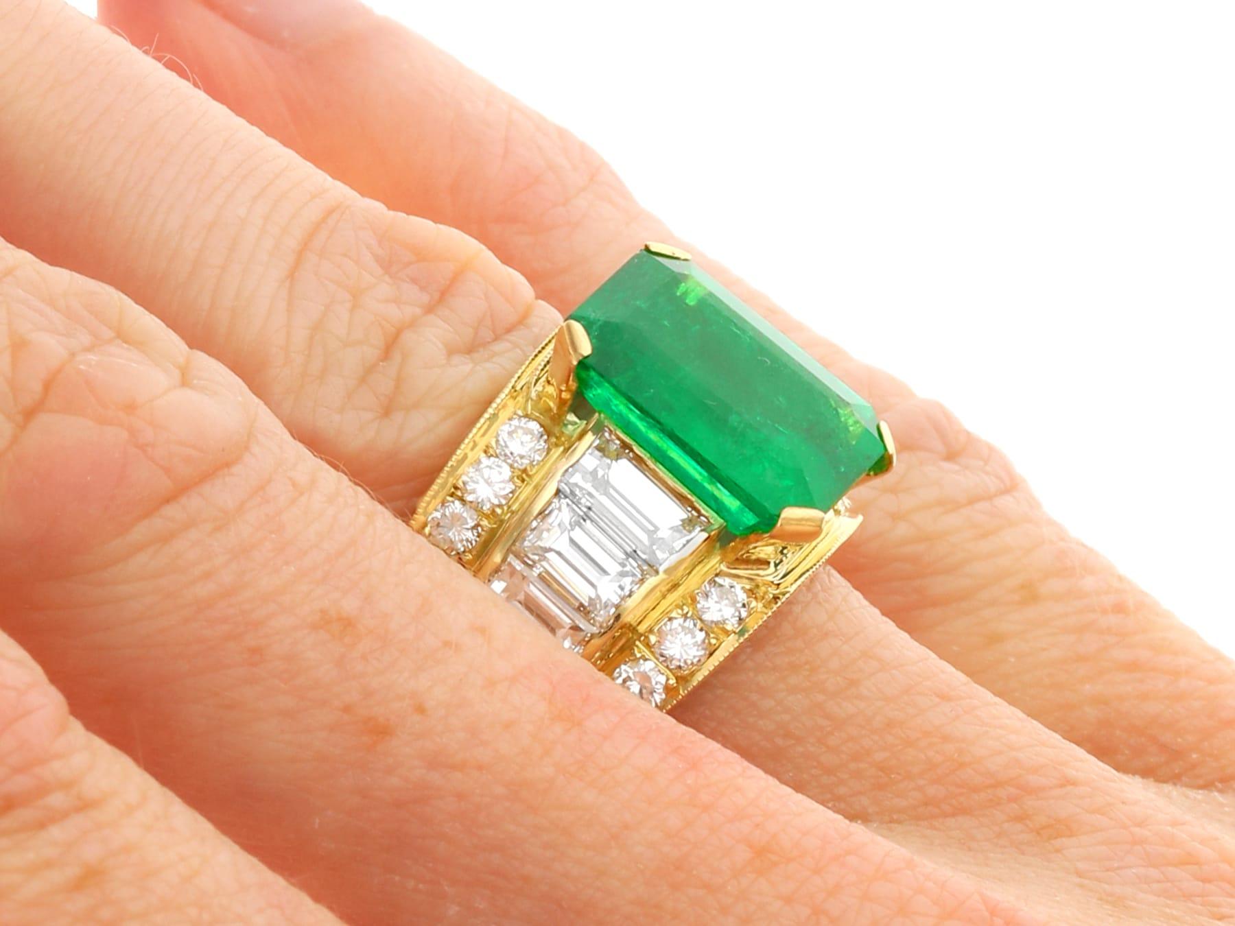 Vintage 5.95Ct Emerald and 3.20Ct Diamond, 18k Yellow Gold Dress Ring Circa 1990 For Sale 5