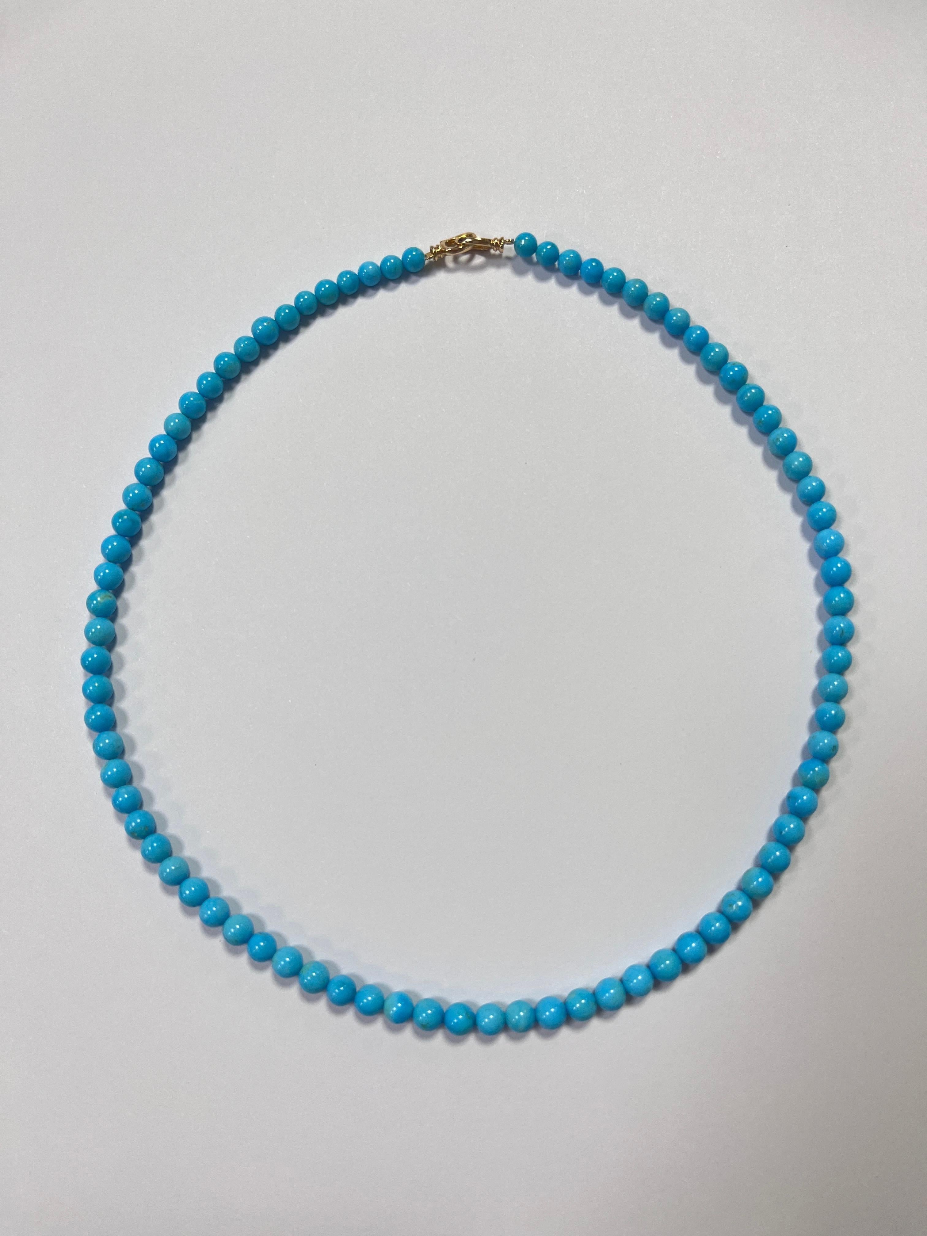 Contemporary Vintage 4.5mm - 5.5mm Natural Turquoise Bead Necklace with 18 Karat Gold Clasp For Sale