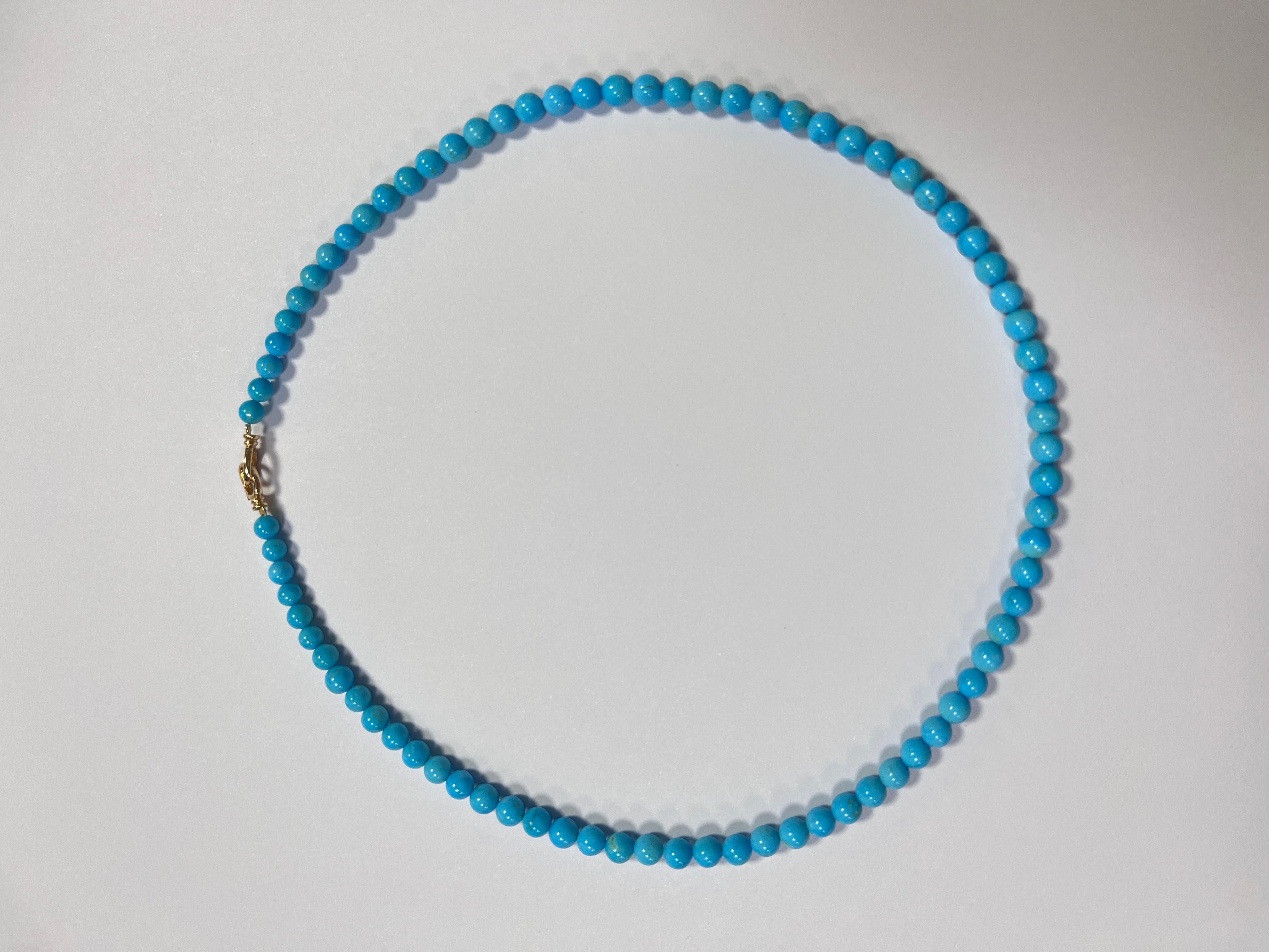 Contemporary Vintage 5mm - 5.5mm Natural Turquoise Bead Necklace with 18 Karat Gold Clasp For Sale