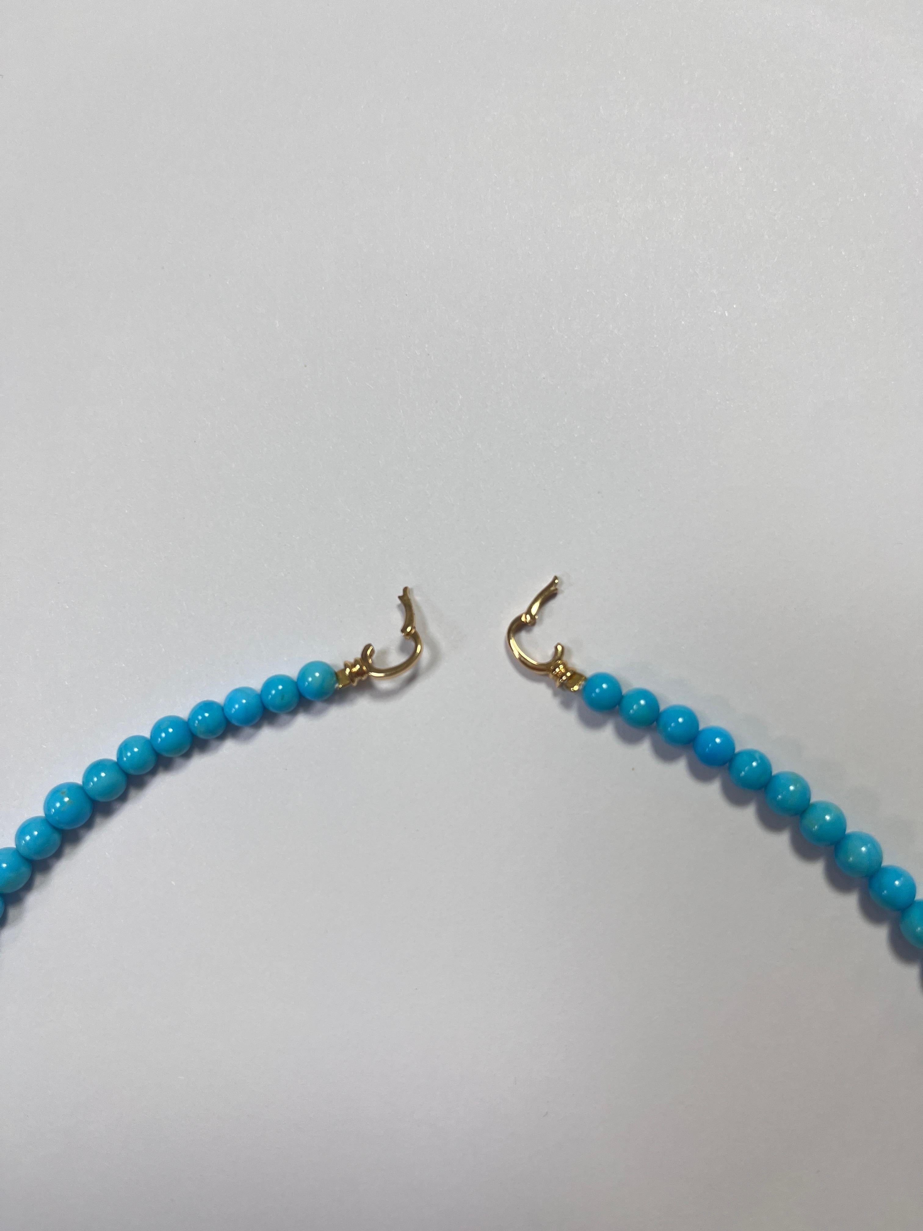 Women's or Men's Vintage 4.5mm - 5.5mm Natural Turquoise Bead Necklace with 18 Karat Gold Clasp For Sale