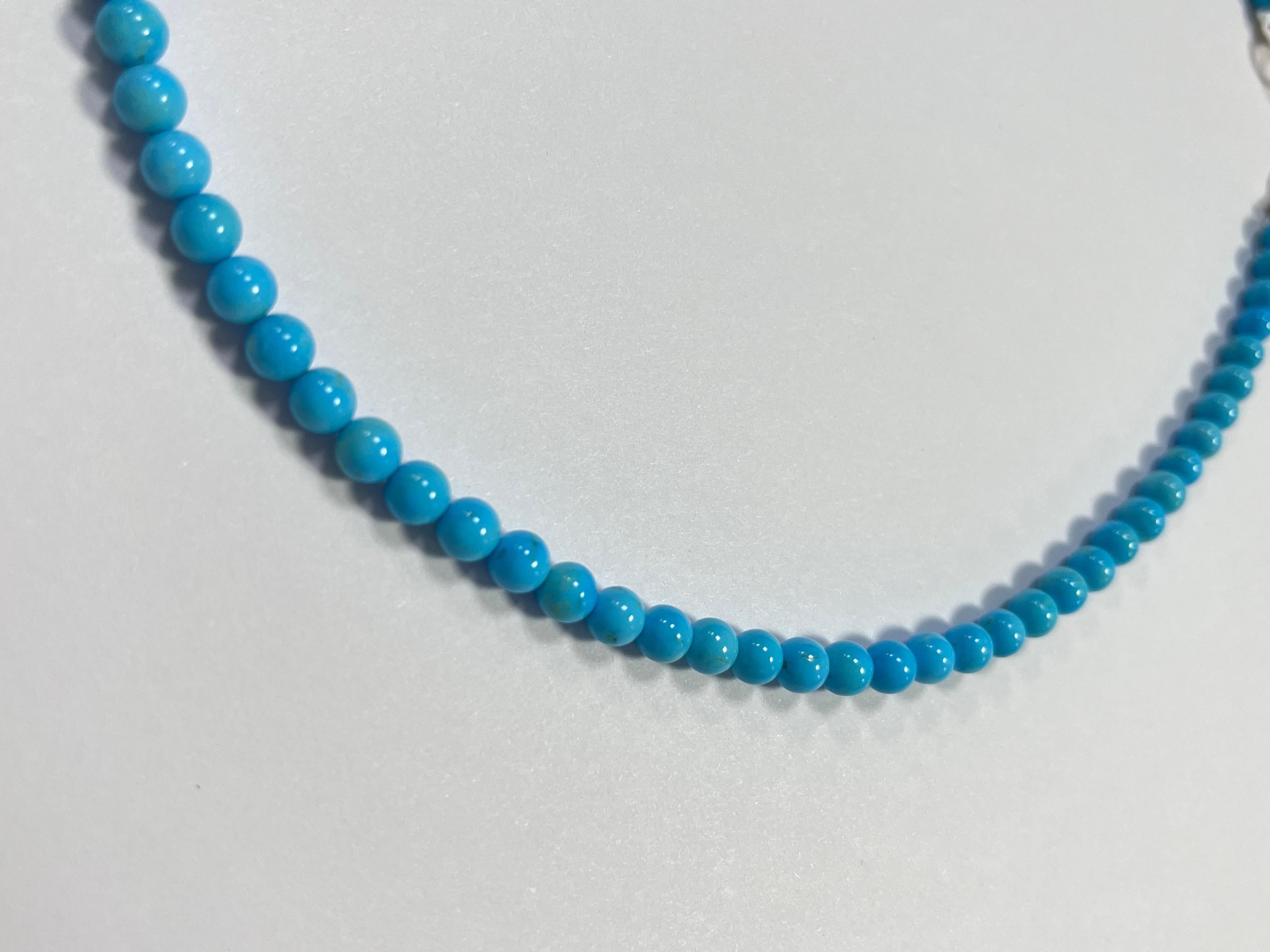 Vintage 4.5mm - 5.5mm Natural Turquoise Bead Necklace with 18 Karat Gold Clasp For Sale 1
