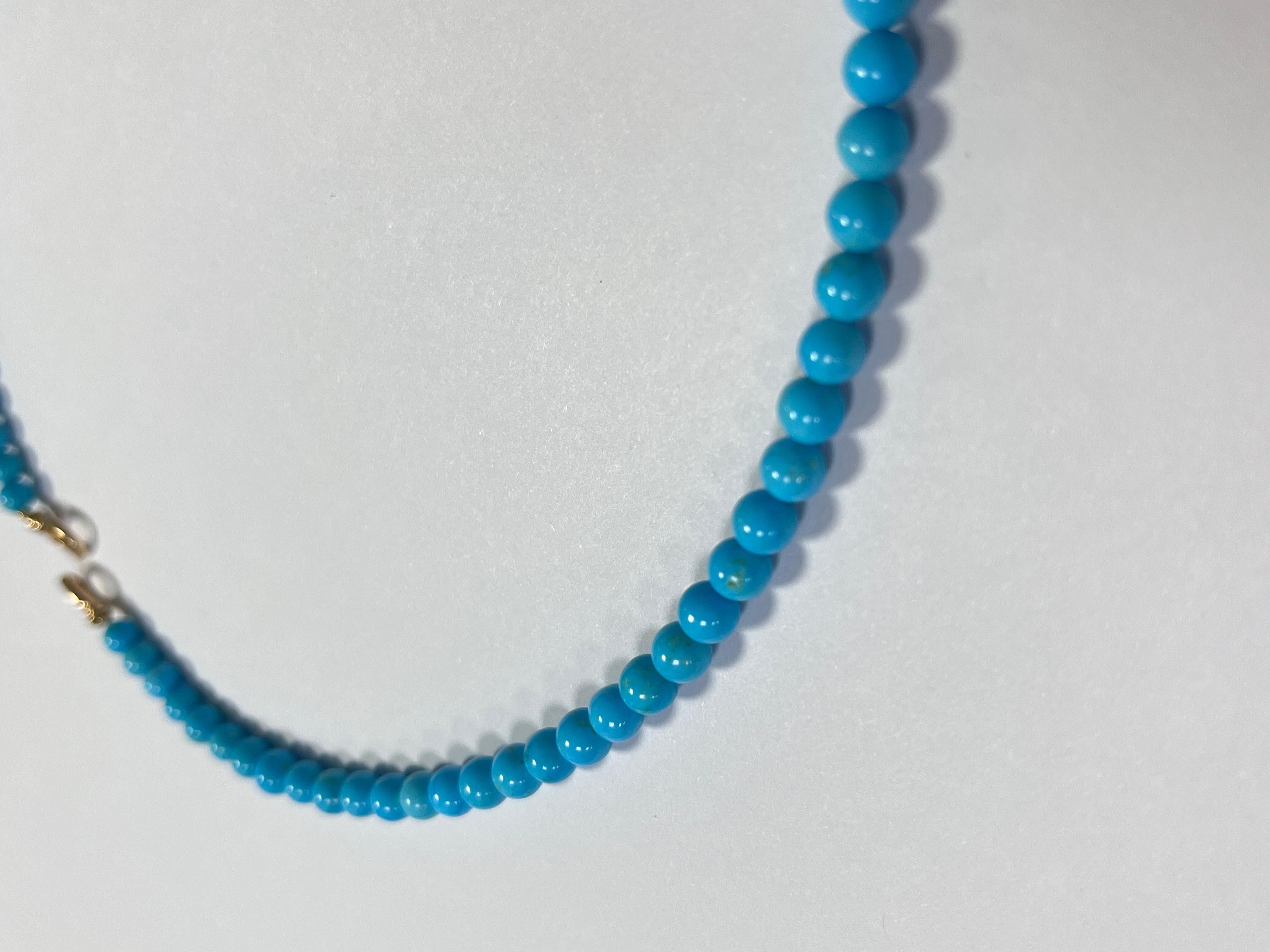 Vintage 5mm - 5.5mm Natural Turquoise Bead Necklace with 18 Karat Gold Clasp For Sale 2