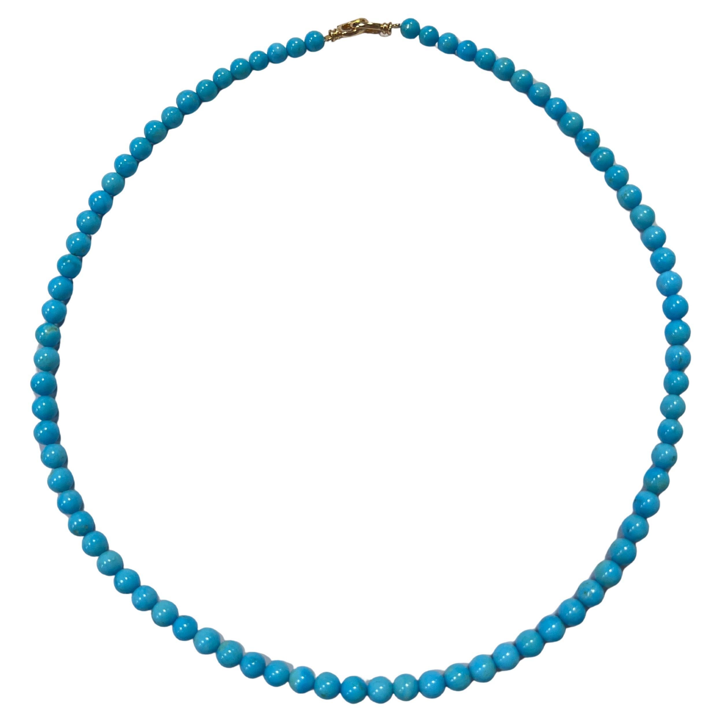 Vintage 5mm - 5.5mm Natural Turquoise Bead Necklace with 18 Karat Gold Clasp For Sale