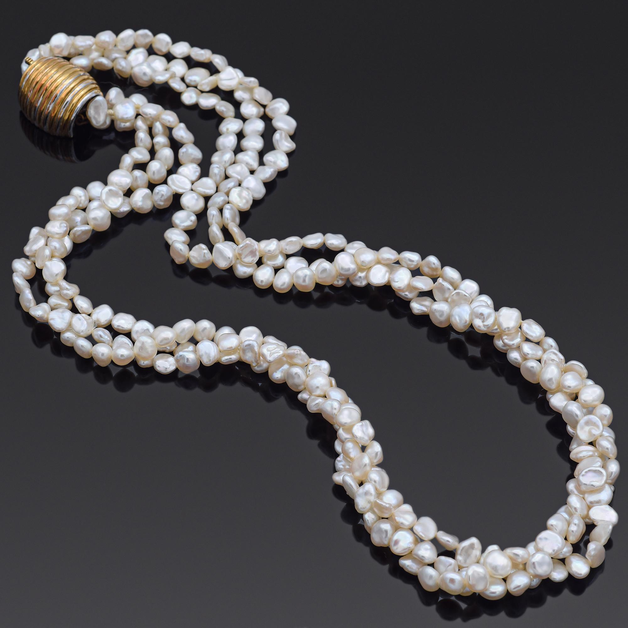 Round Cut Vintage 6-8 mm Pearl Yellow Gold Beaded Multi-Strand Necklace For Sale