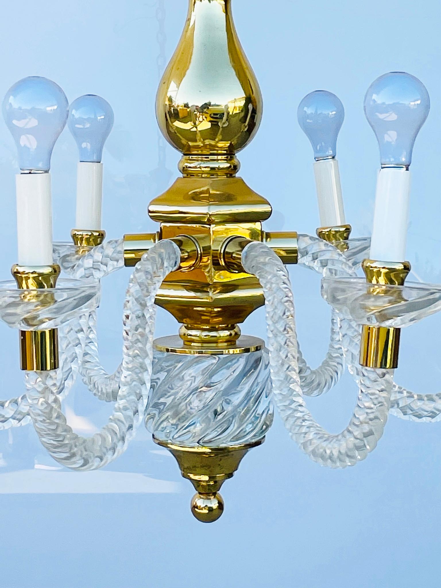 Vintage 6 Arm Murano Glass & Brass Chandelier For Sale 9