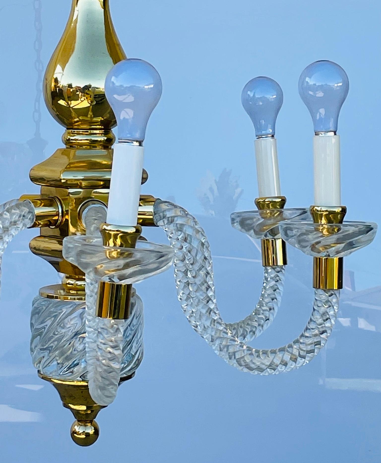 Vintage 6 Arm Murano Glass & Brass Chandelier For Sale 10