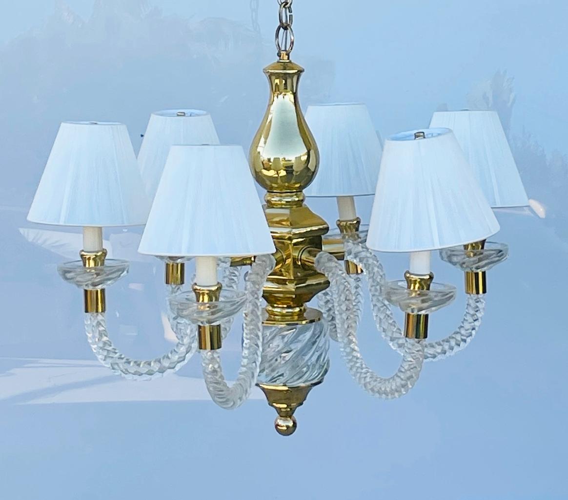 Mid-Century Modern Vintage 6 Arm Murano Glass & Brass Chandelier For Sale