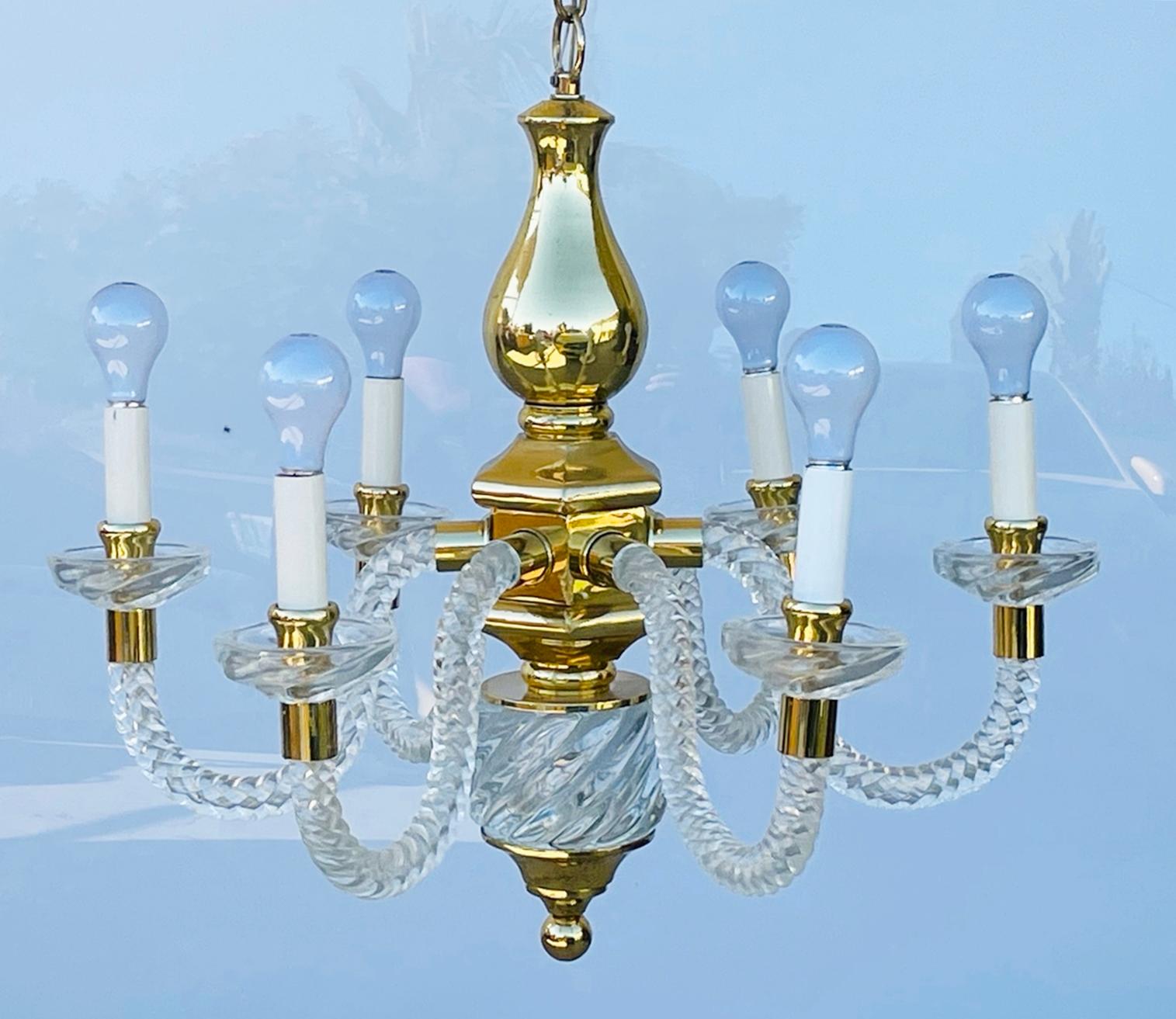 Vintage 6 Arm Murano Glass & Brass Chandelier In Good Condition For Sale In Los Angeles, CA