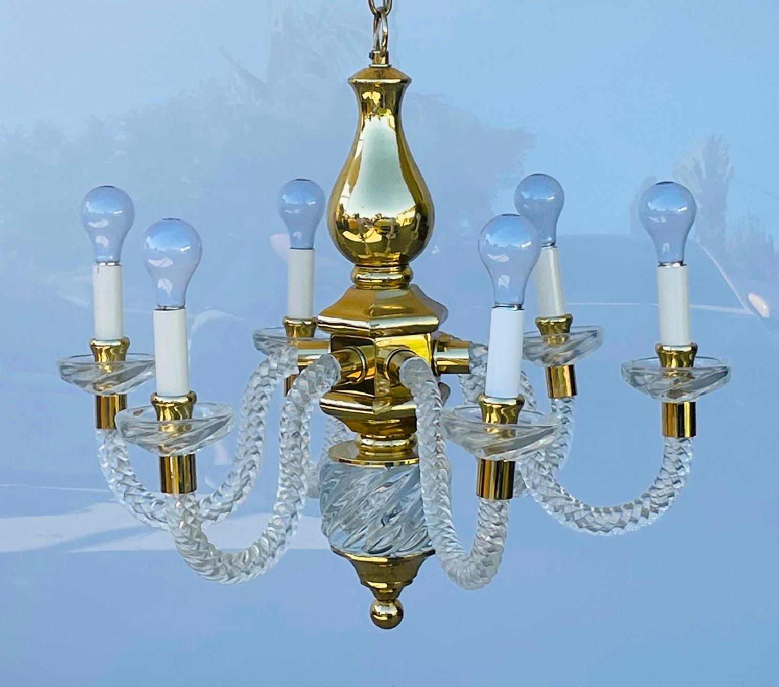 Late 20th Century Vintage 6 Arm Murano Glass & Brass Chandelier For Sale