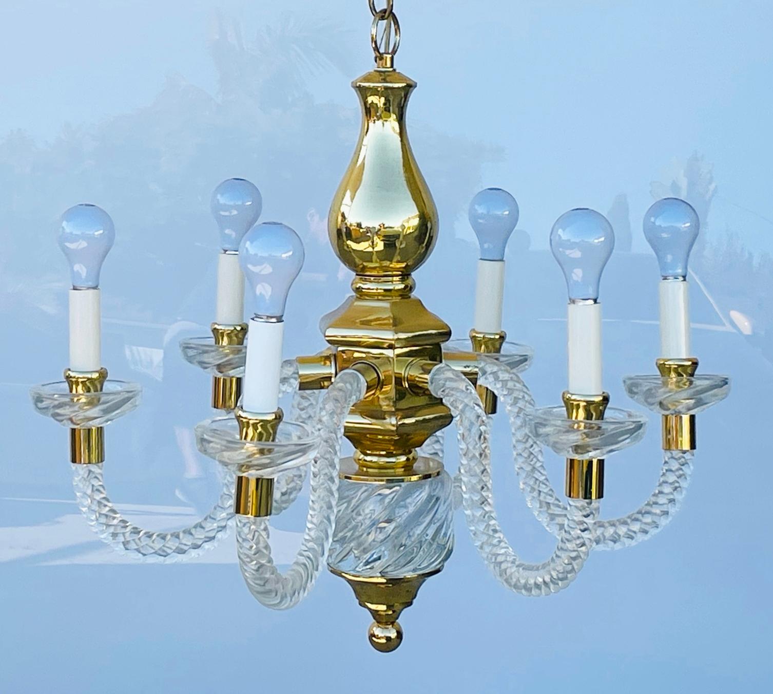 Vintage 6 Arm Murano Glass & Brass Chandelier For Sale 1