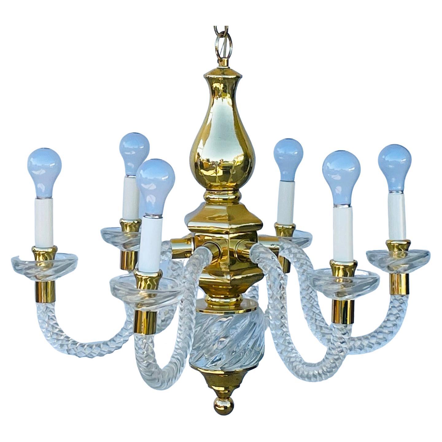 Vintage 6 Arm Murano Glass & Brass Chandelier For Sale