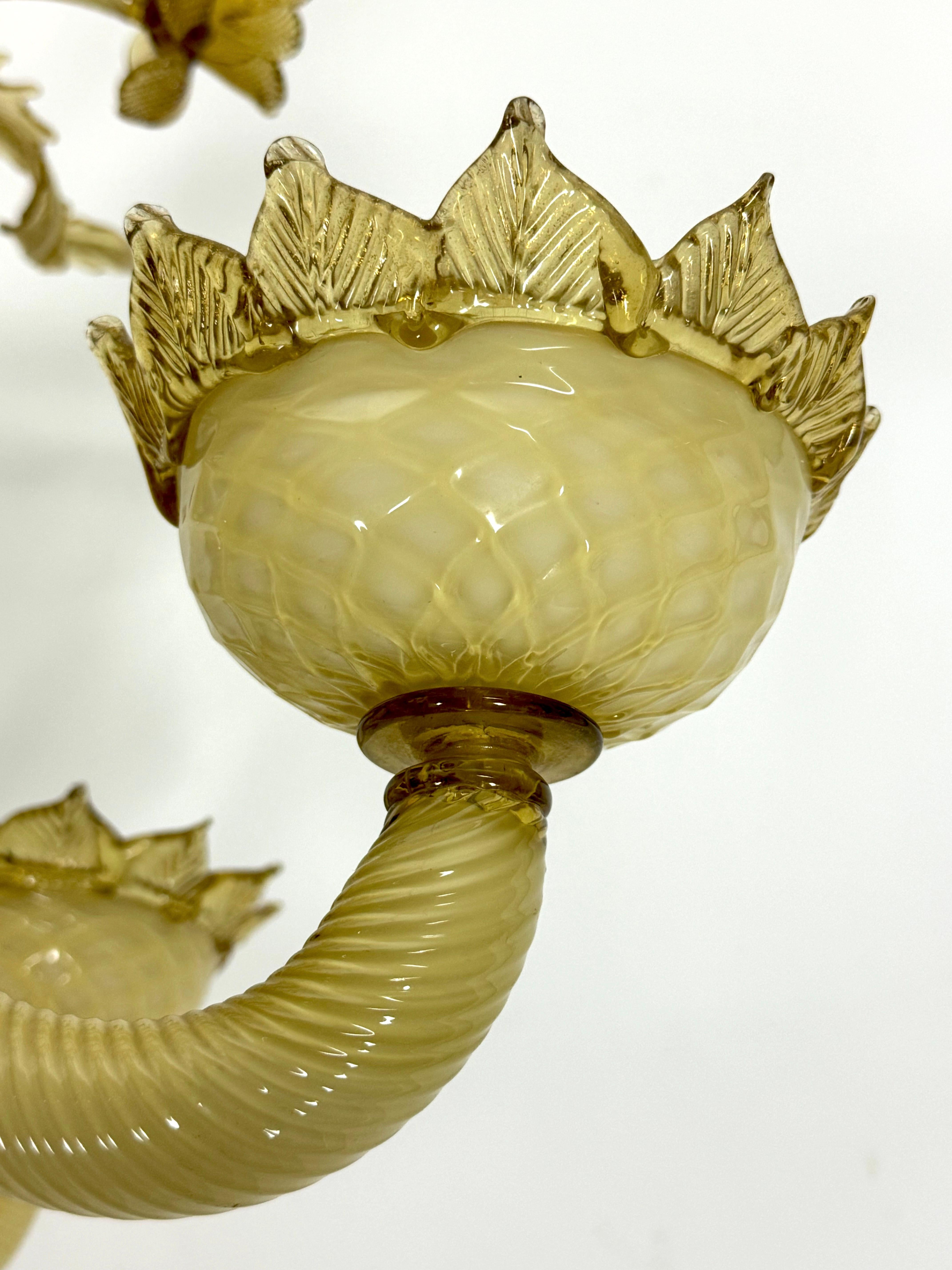 Vintage 6 arms handcrafted floral Murano glass chandelier with gold. Italy 1950s For Sale 3