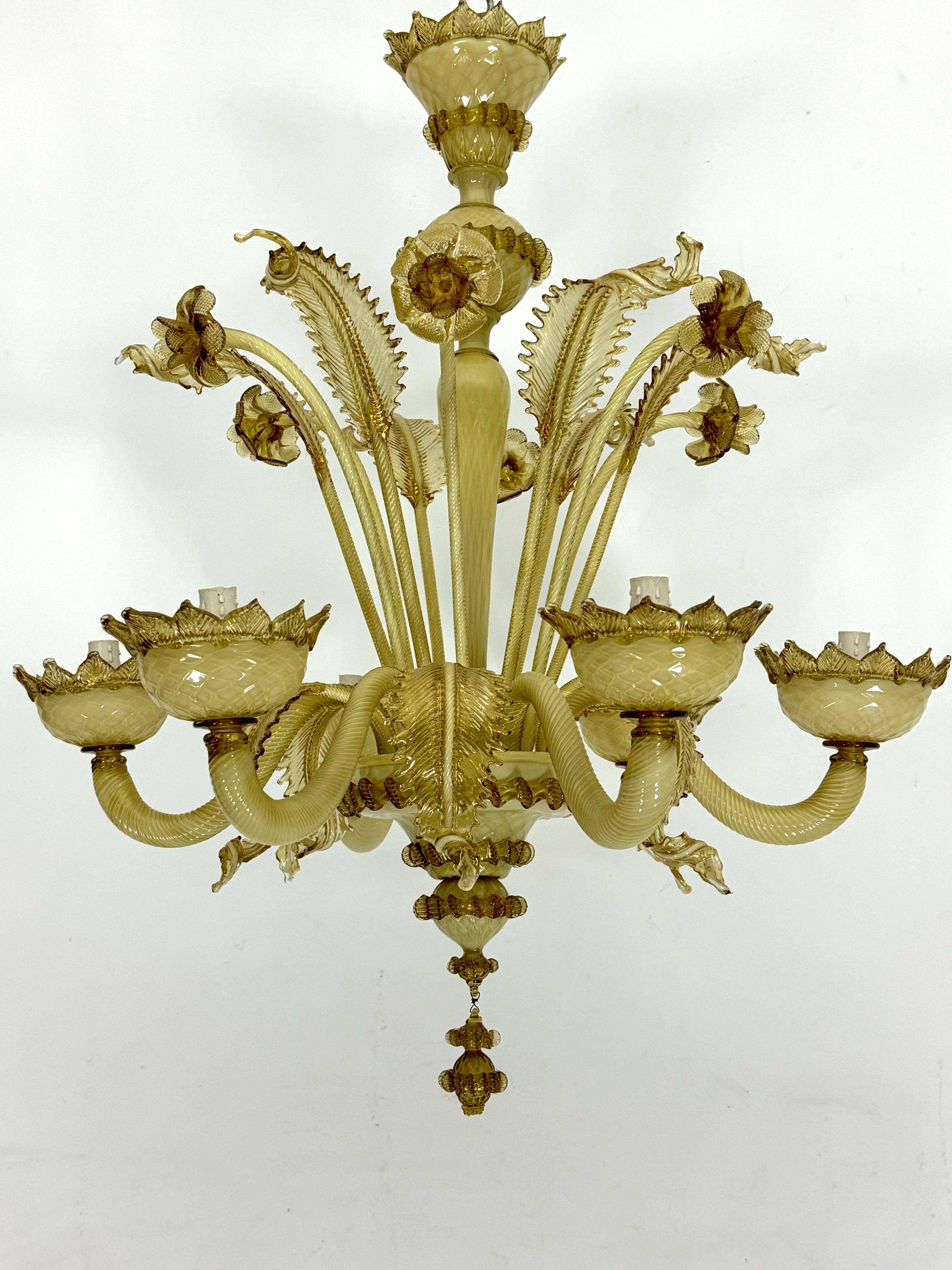 Vintage 6 arms handcrafted floral Murano glass chandelier with gold. Italy 1950s For Sale 4