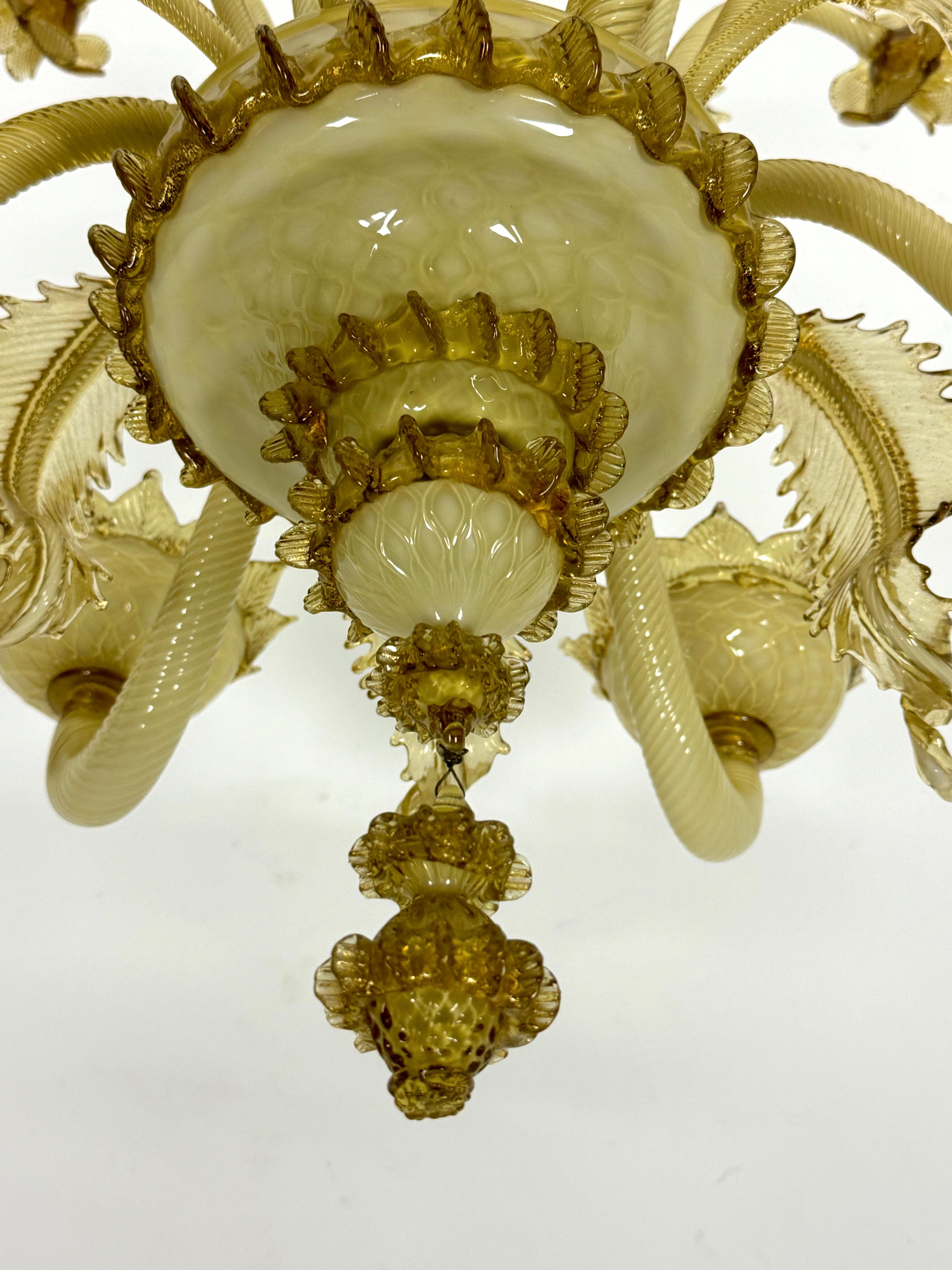 Vintage 6 arms handcrafted floral Murano glass chandelier with gold. Italy 1950s For Sale 6