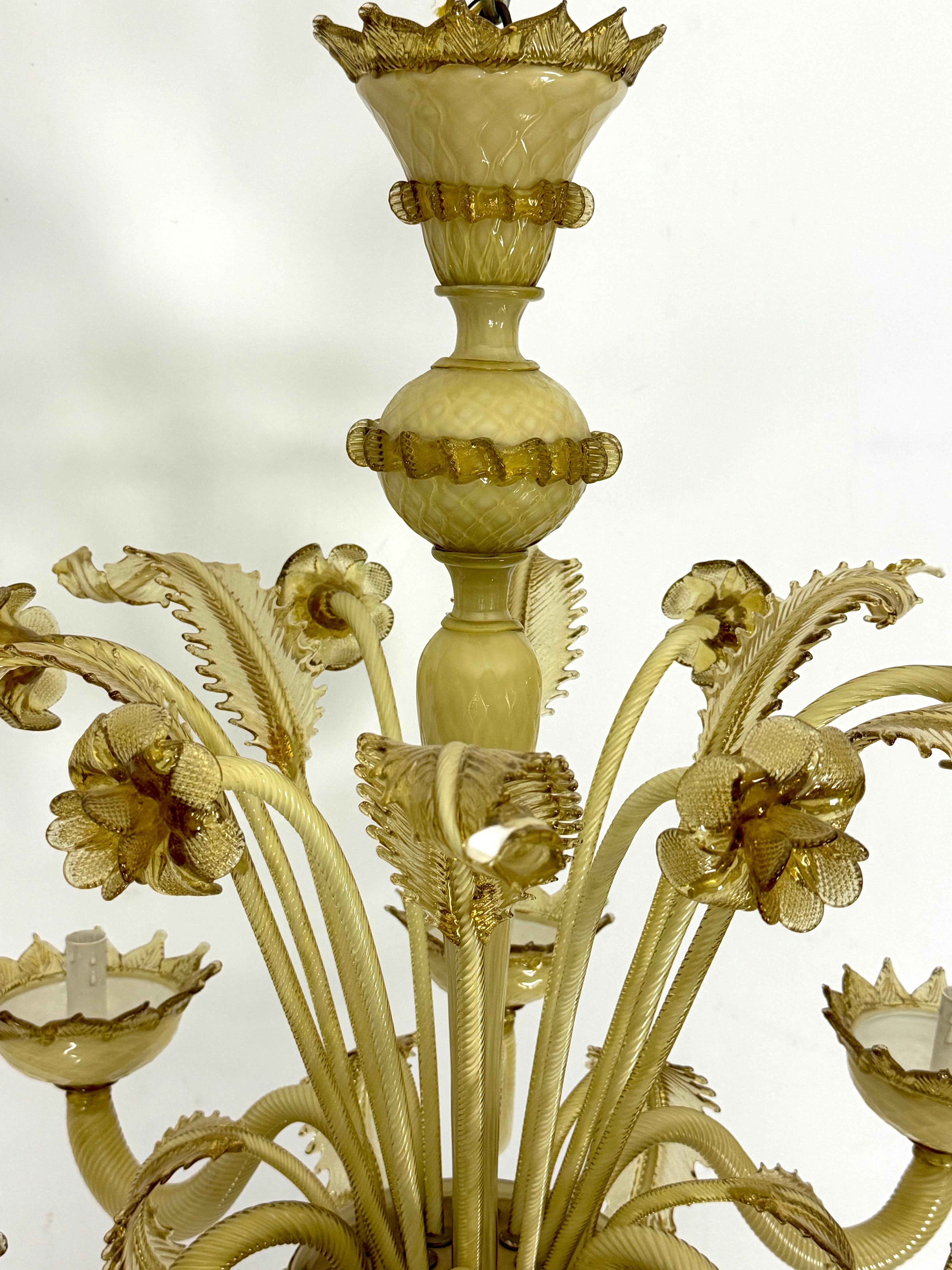 Vintage 6 arms handcrafted floral Murano glass chandelier with gold. Italy 1950s For Sale 7