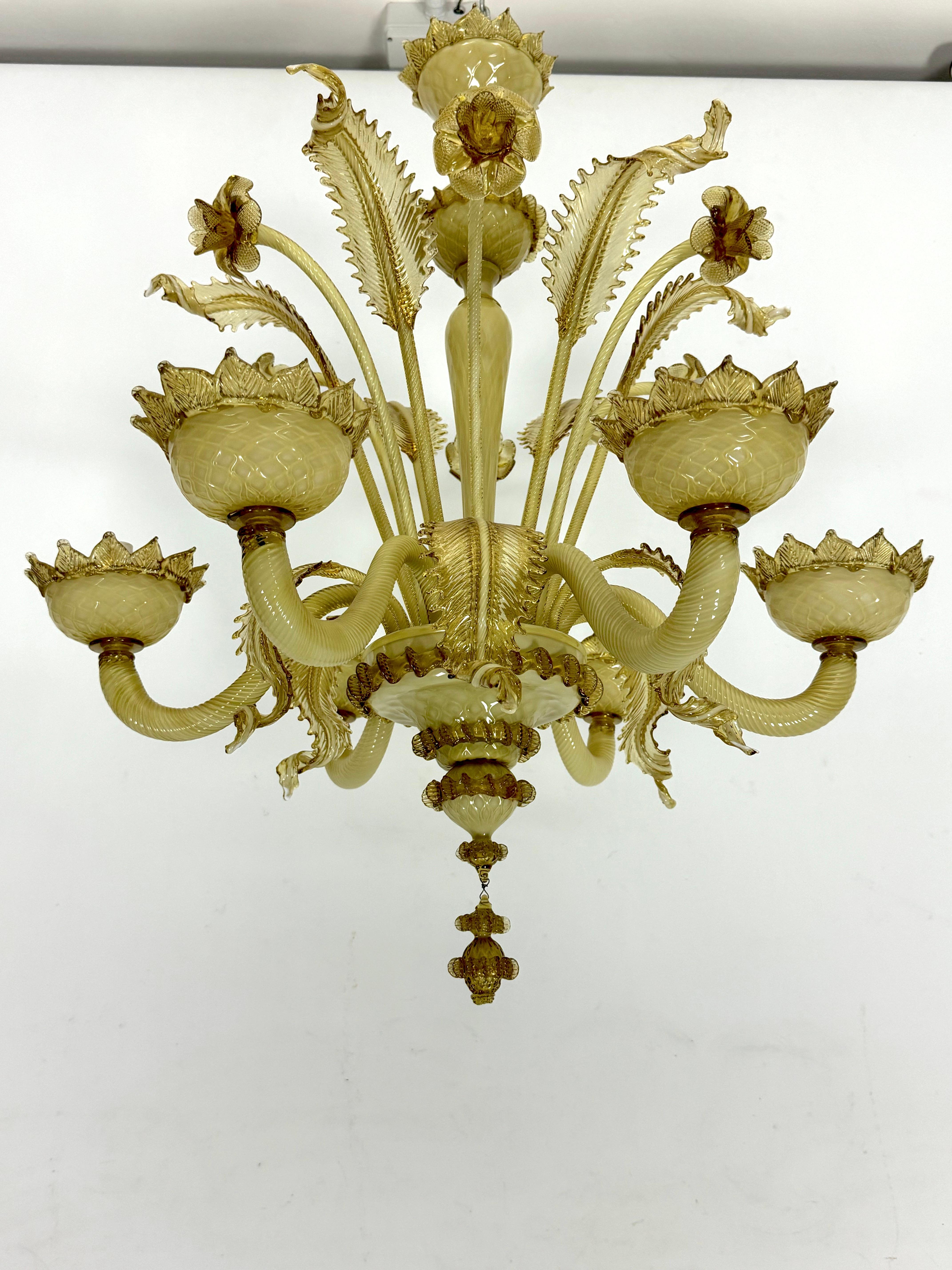 Mid-Century Modern Vintage 6 arms handcrafted floral Murano glass chandelier with gold. Italy 1950s For Sale