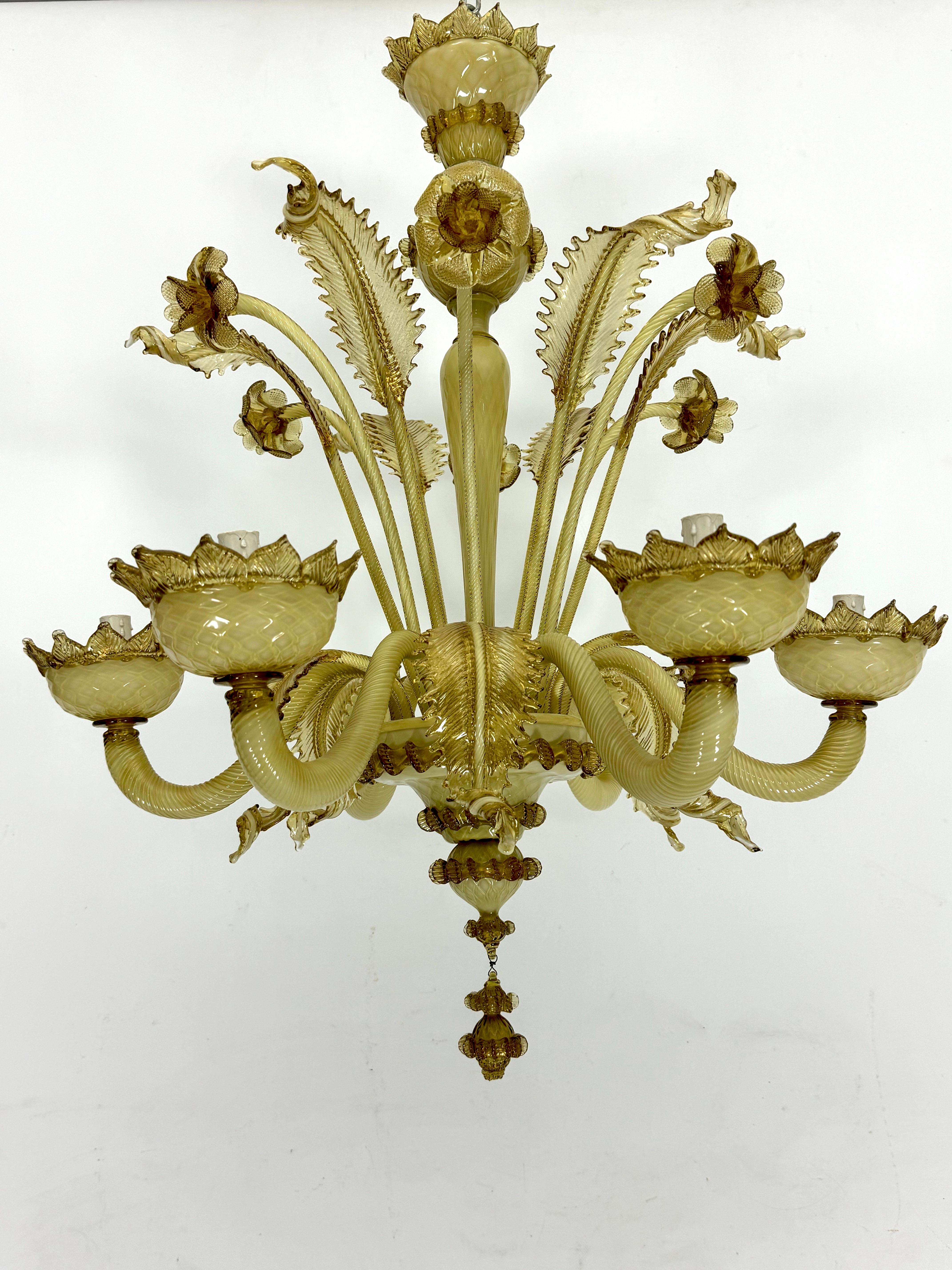Italian Vintage 6 arms handcrafted floral Murano glass chandelier with gold. Italy 1950s For Sale