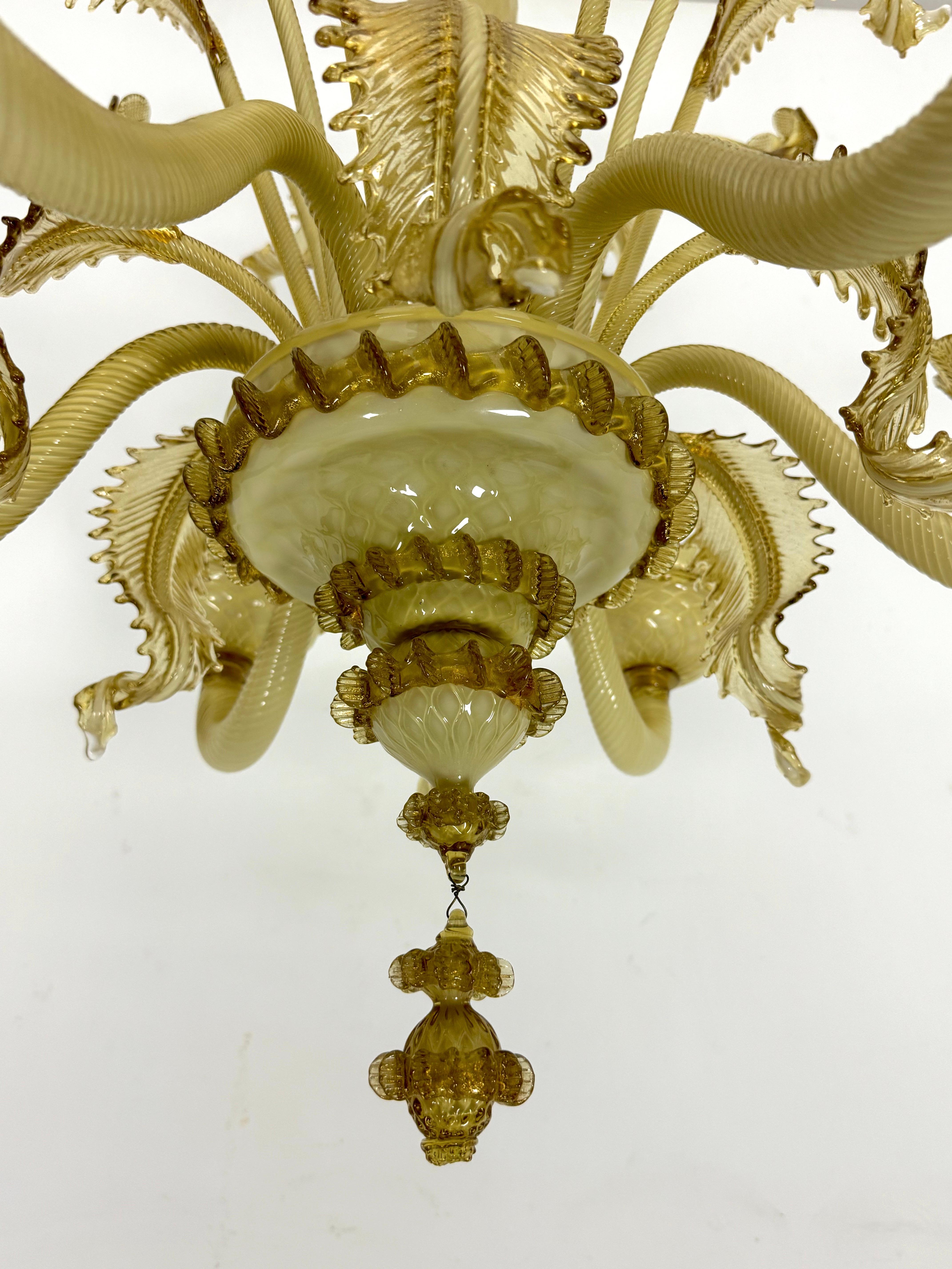 20th Century Vintage 6 arms handcrafted floral Murano glass chandelier with gold. Italy 1950s For Sale