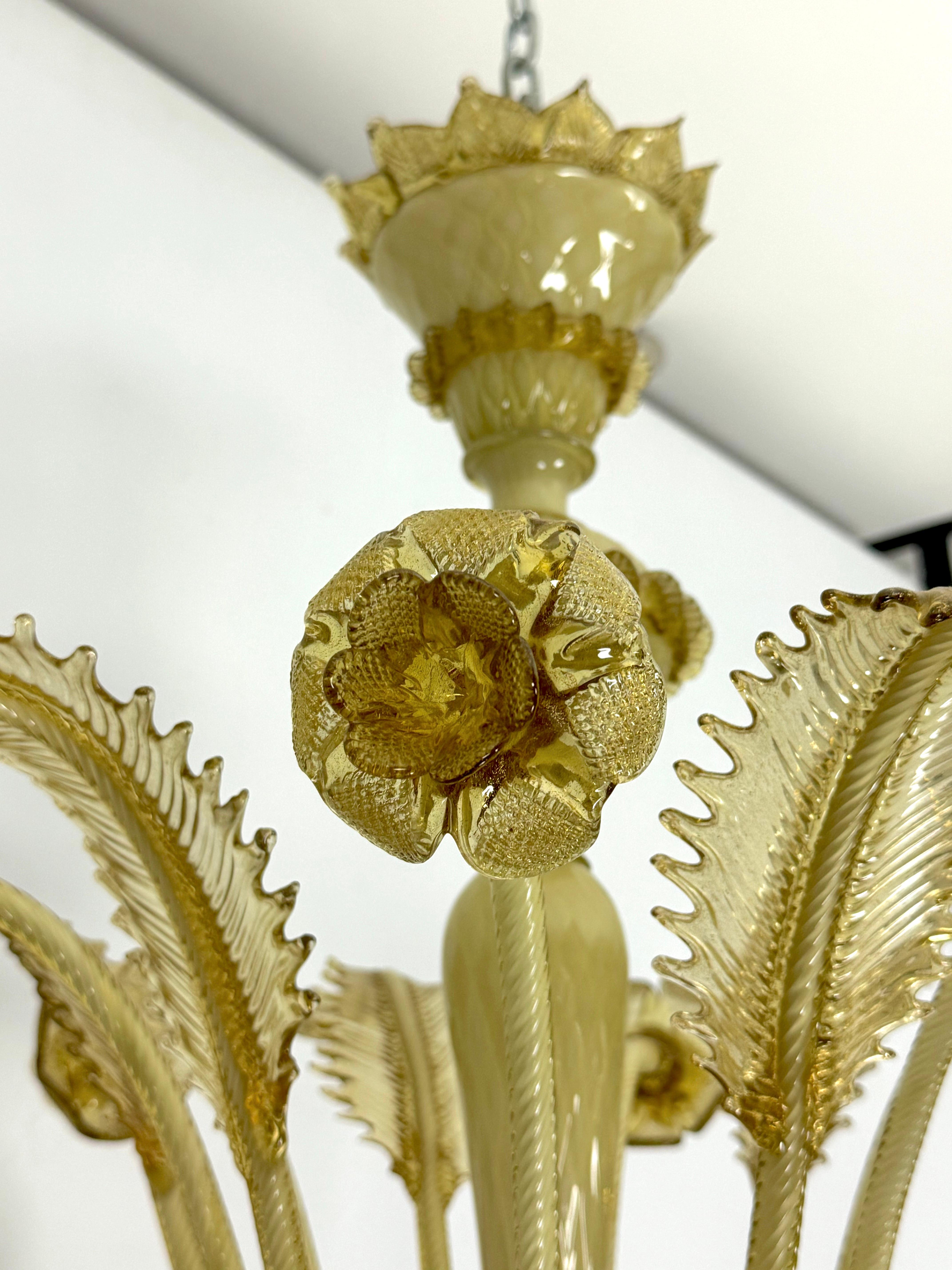 Vintage 6 arms handcrafted floral Murano glass chandelier with gold. Italy 1950s For Sale 1