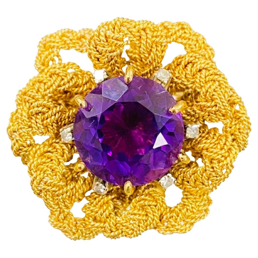 Anello da cocktail vintage con ametista e diamanti a forma di foglie floreali in oro 18 carati